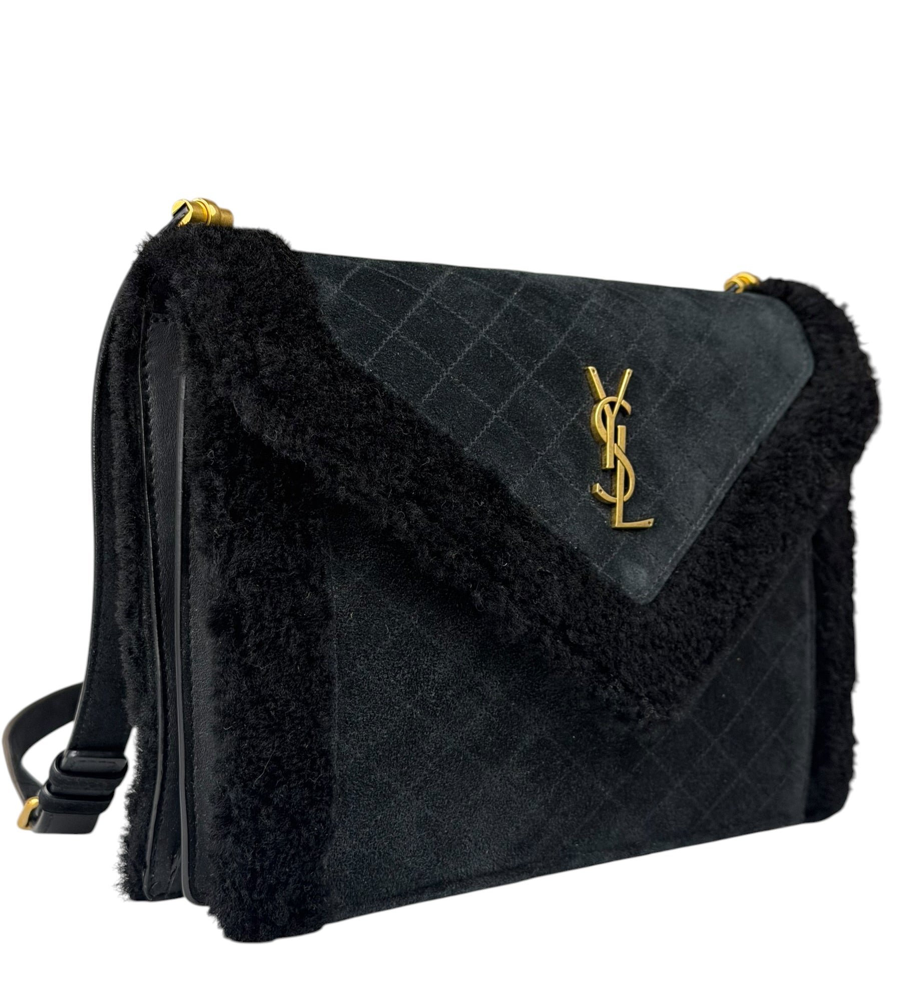 YSL Bicolor Quilted-Suede Shearling Gaby Shoulder Bag