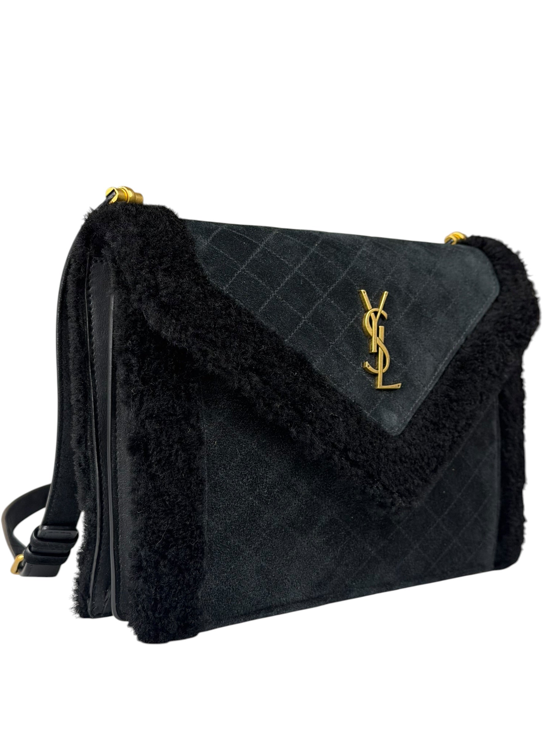 YSL Bicolor Quilted-Suede Shearling Gaby Shoulder Bag