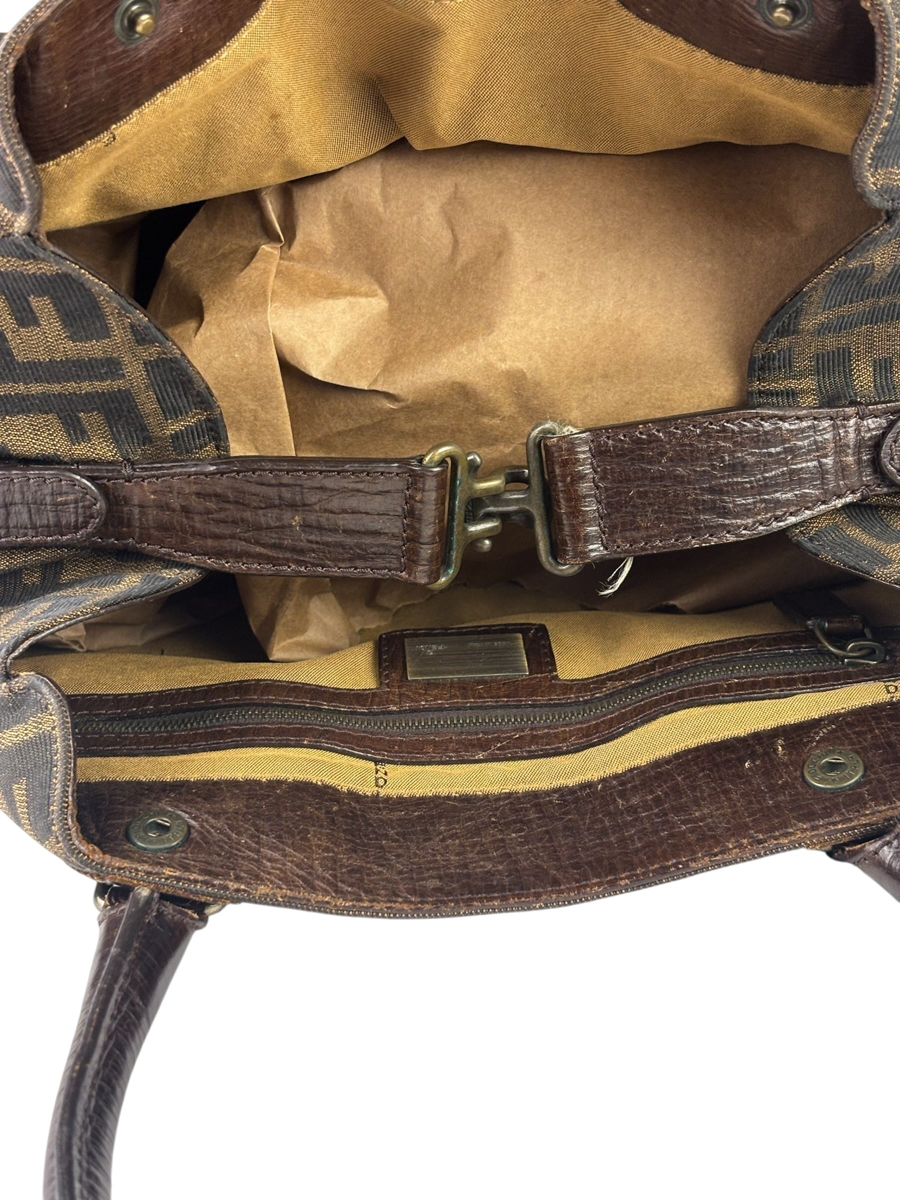 Fendi Vintage Brown Leather Trim Zucca De Jour Media Tote