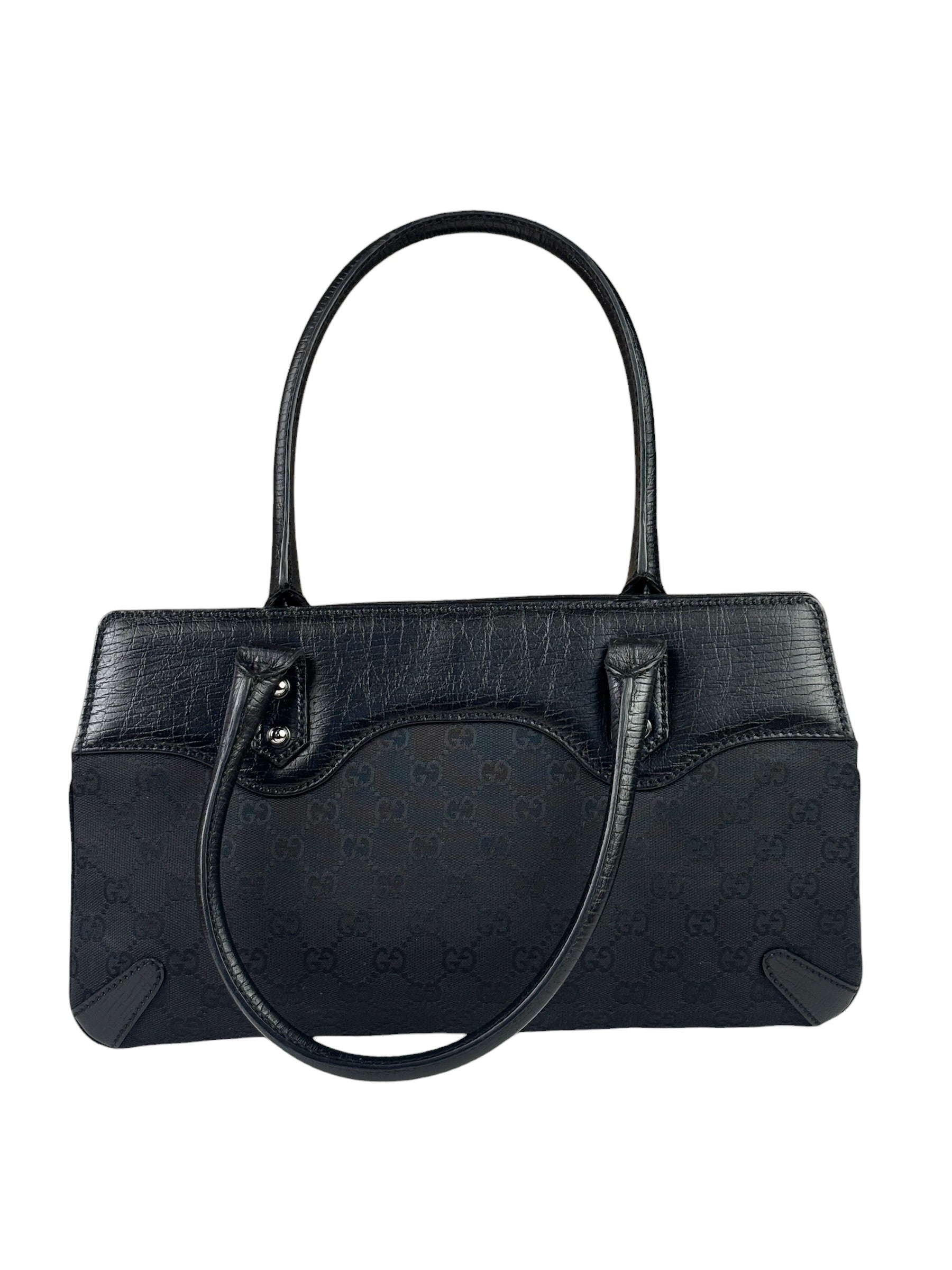 Gucci Black Leather Trim GG Horsebit Chain Shoulder Bag