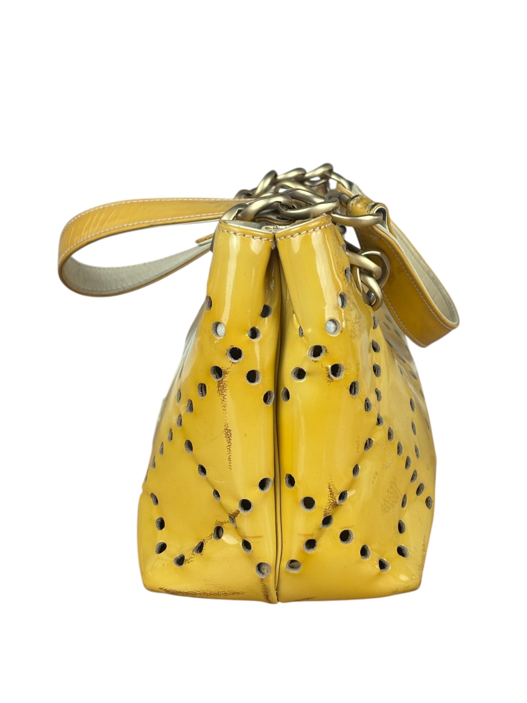 Chanel Vintage Yellow Patent Leather Perforated Tote Bag 1987