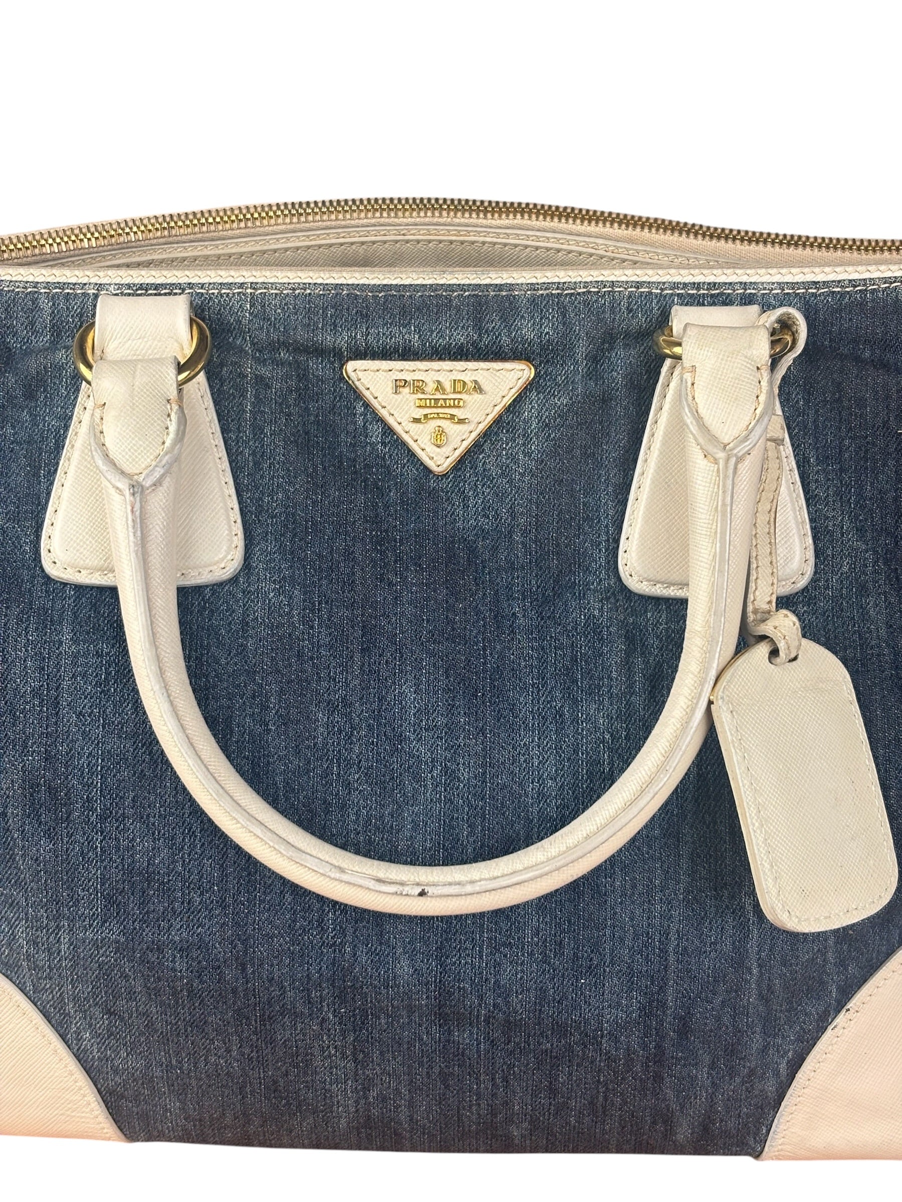 Prada Denim White Leather Trim Saffiano Handbag