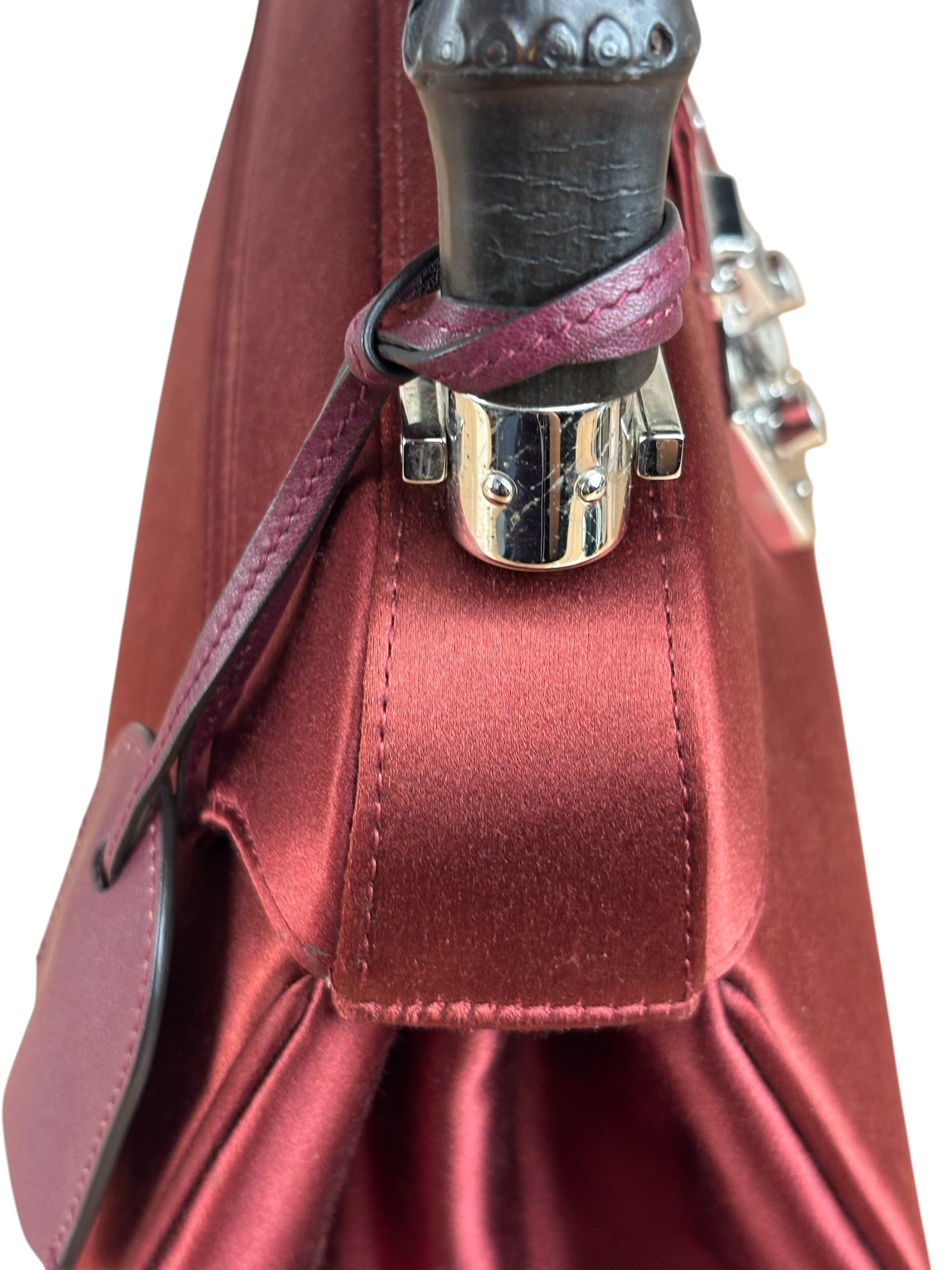 Gucci Burgundy Satin Bamboo Top Handle Bag