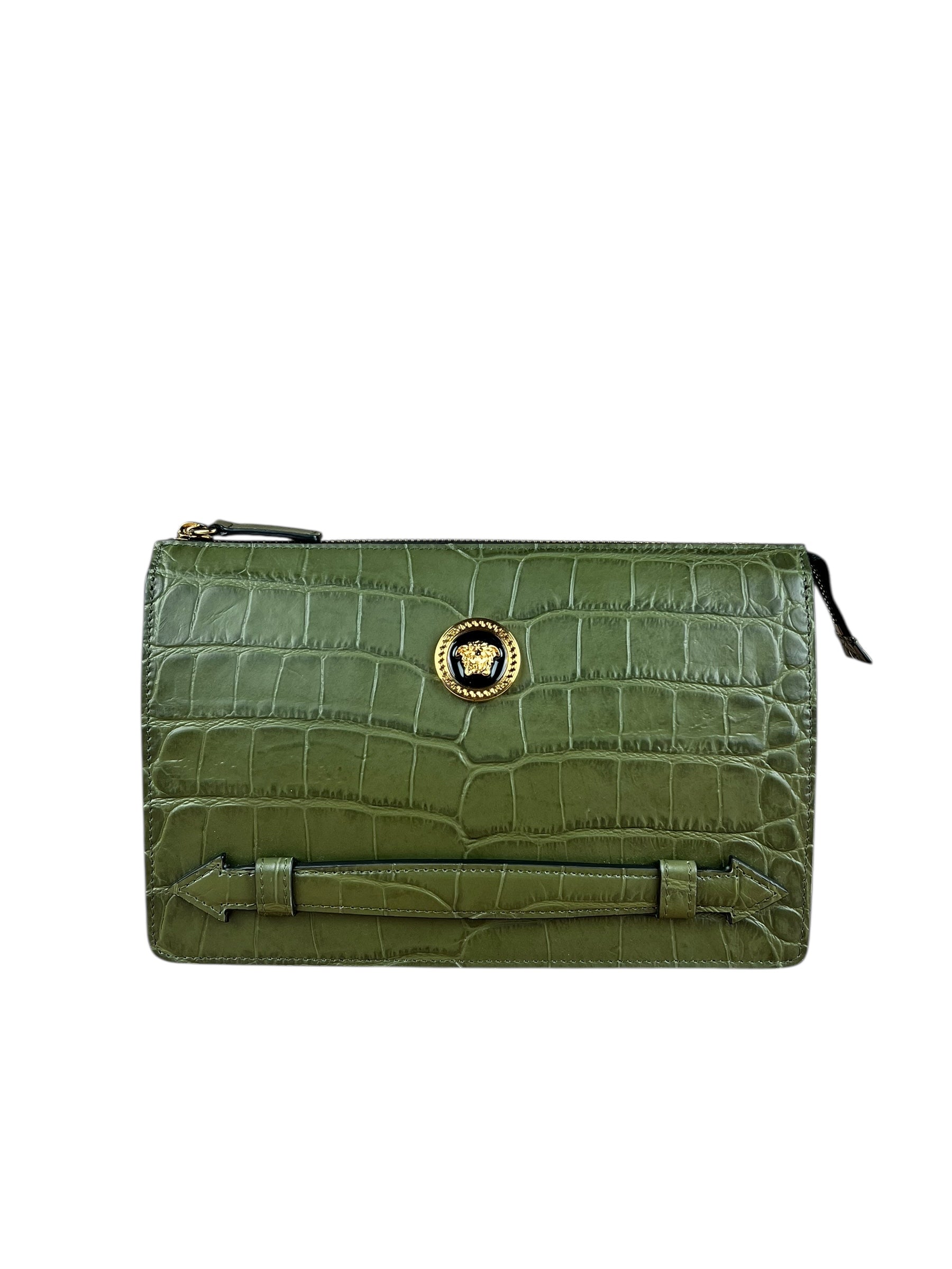 Versace Green Croc-Embossed Medusa Leather Clutch