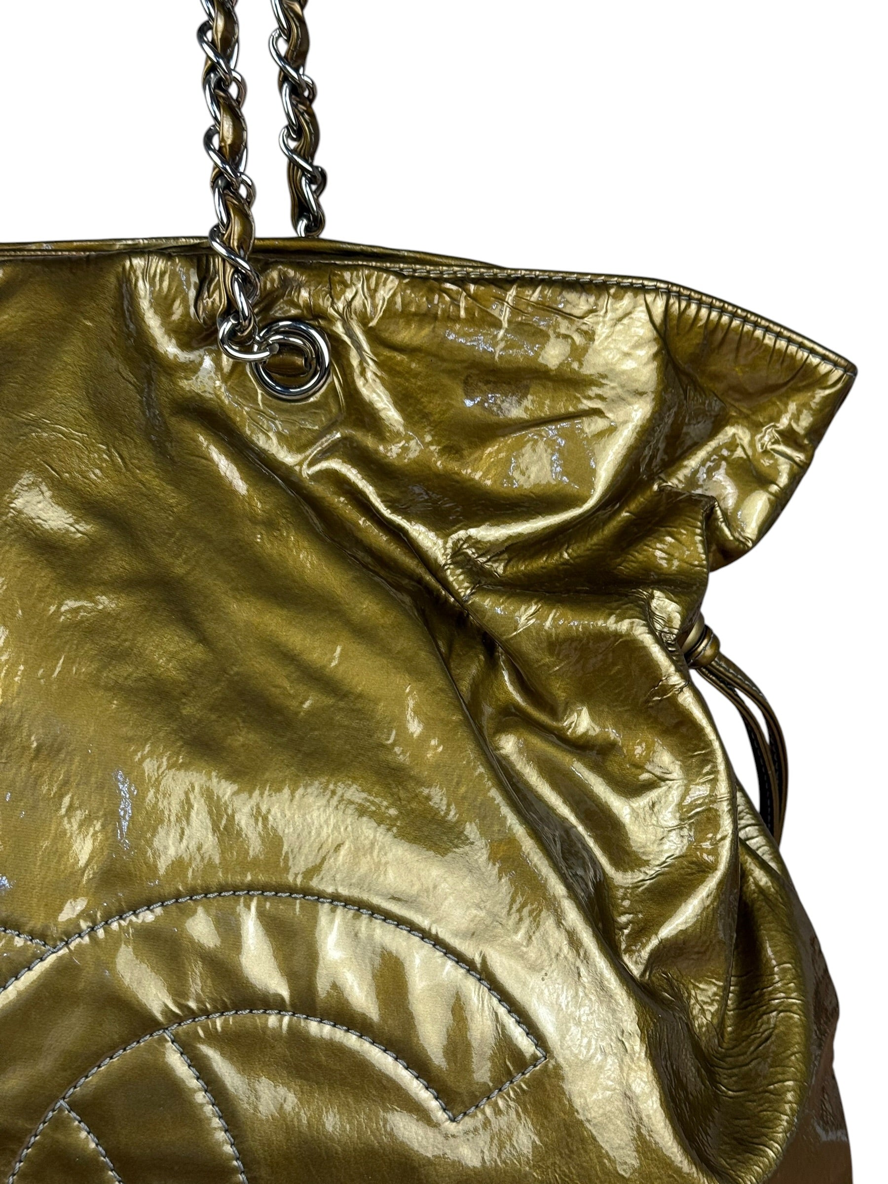 Chanel CC Green Metallic Patent Leather BonBon Chain Cinch Tote 2008