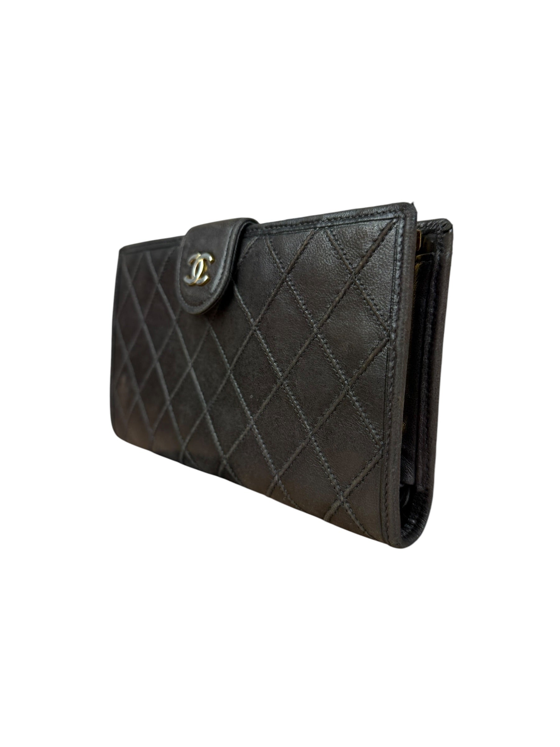 Chanel Vintage Dark Brown Leather Quilted CC Long Wallet