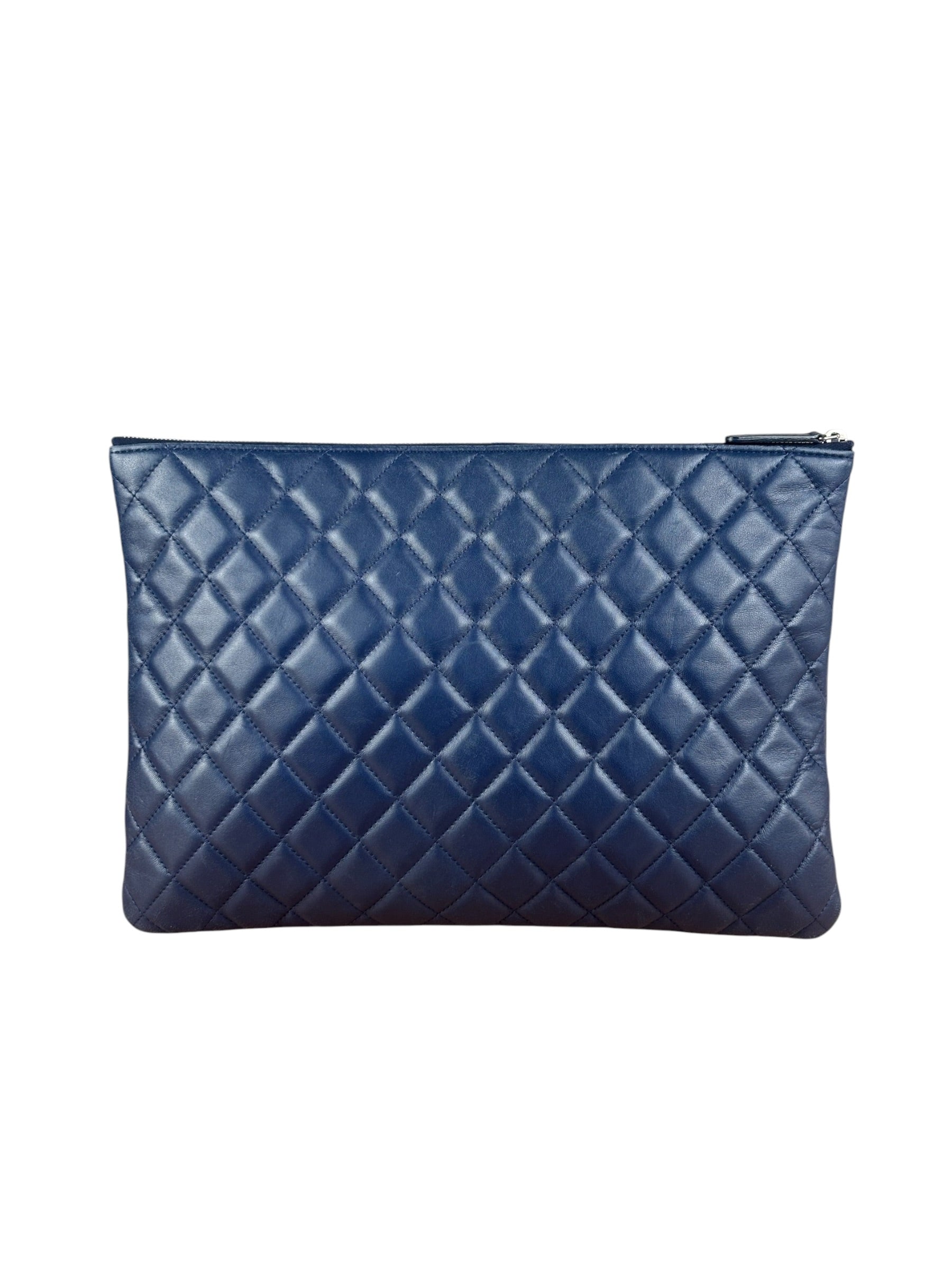 Chanel Navy Blue Leather Classic O-Case Clutch Pouch 2016