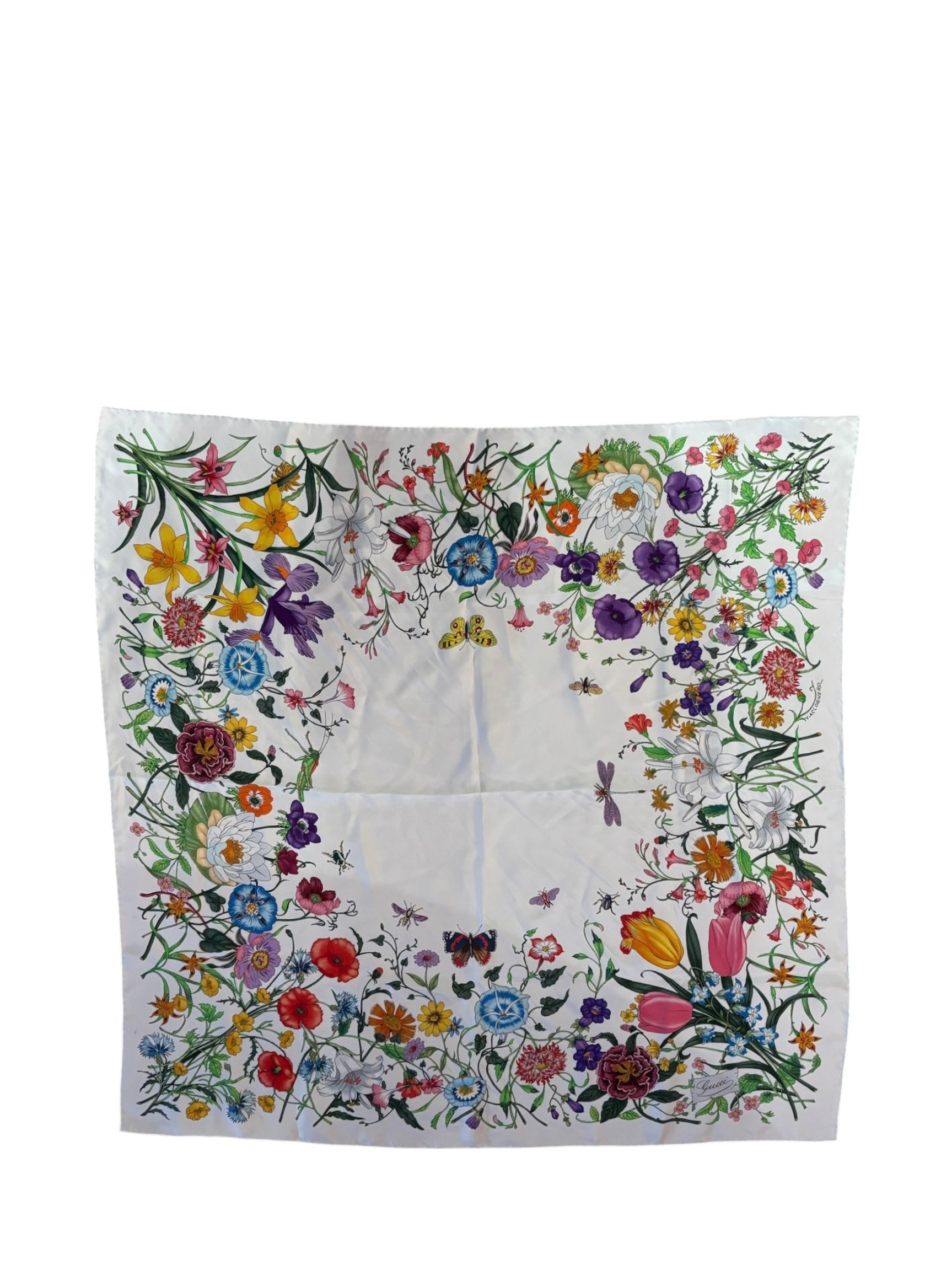 Gucci White Flora Printed Silk Twill Carre Scarf