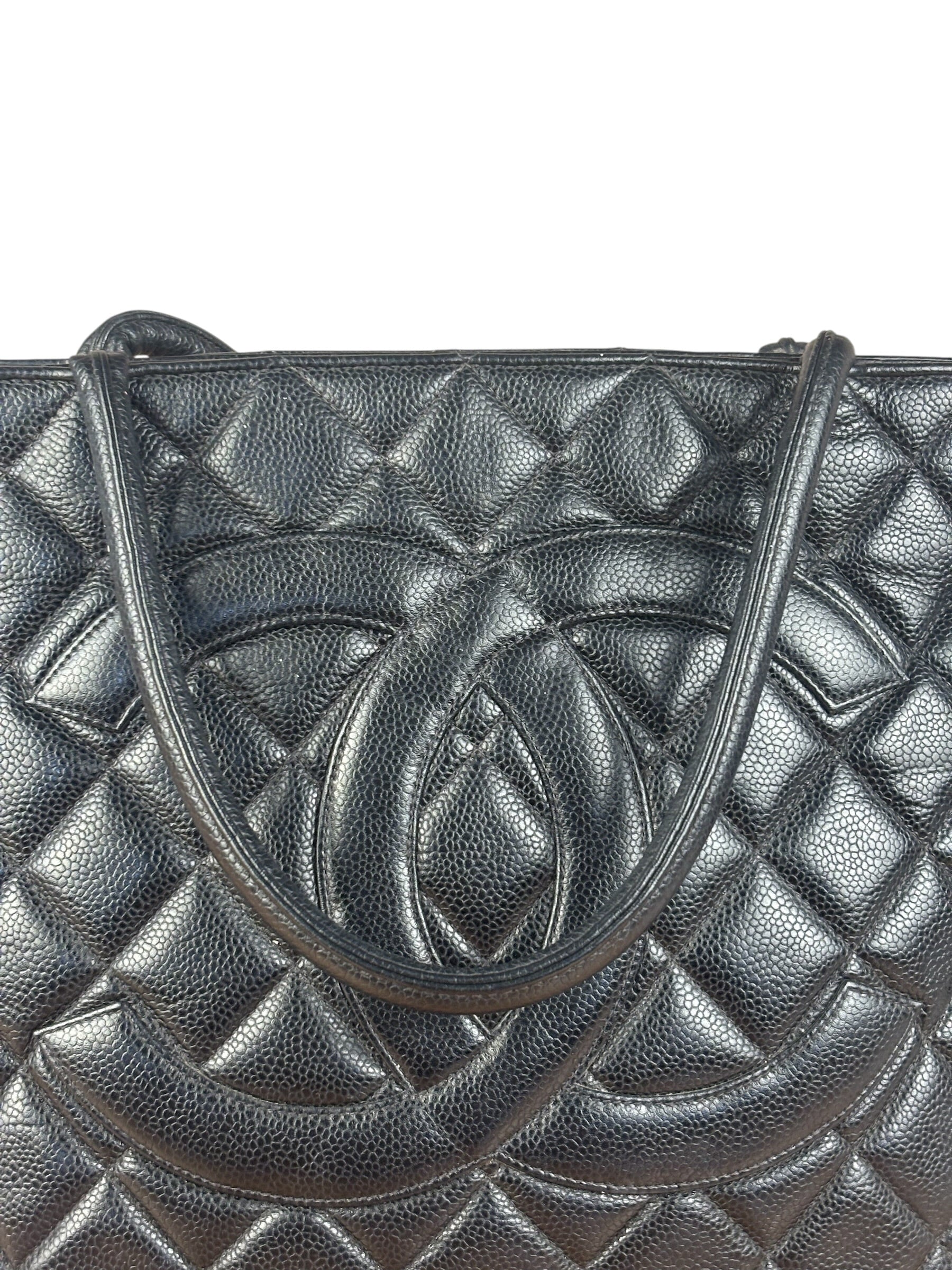 Chanel Vintage CC Black Quilted Caviar Leather Medallion Tote Bag 2002