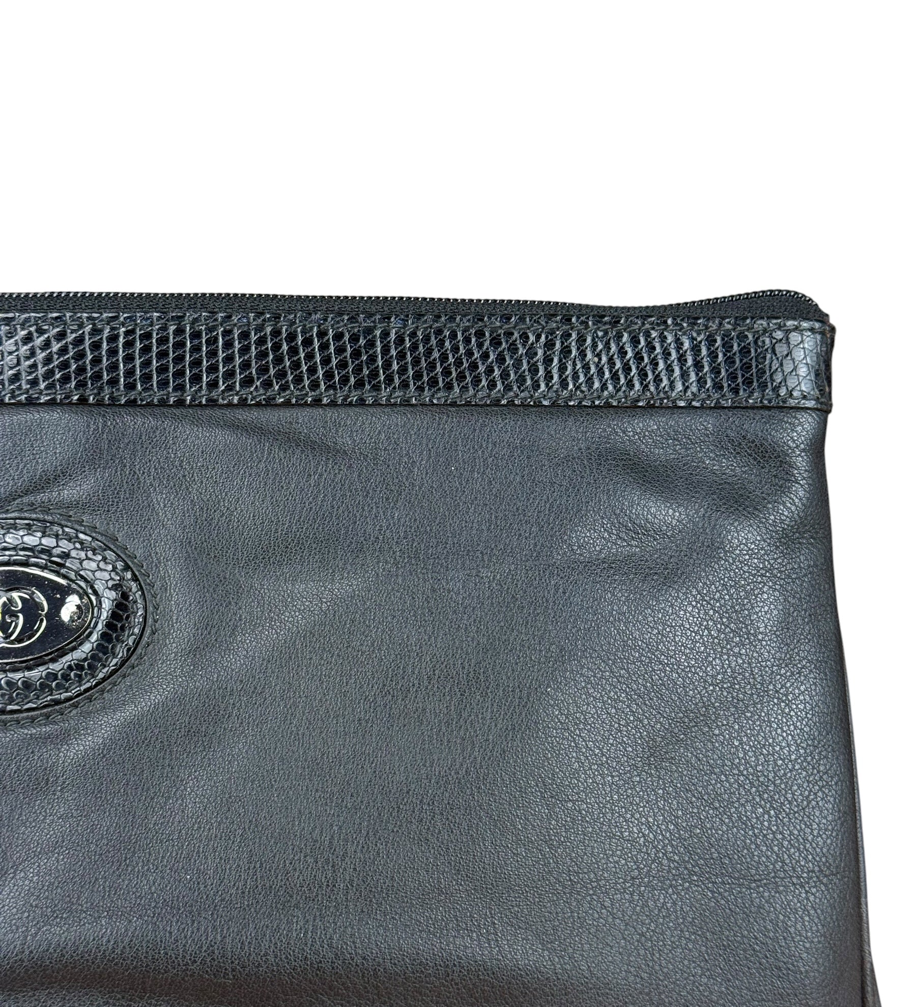 Gucci Black Vintage Leather Double Zip Clutch Pouch