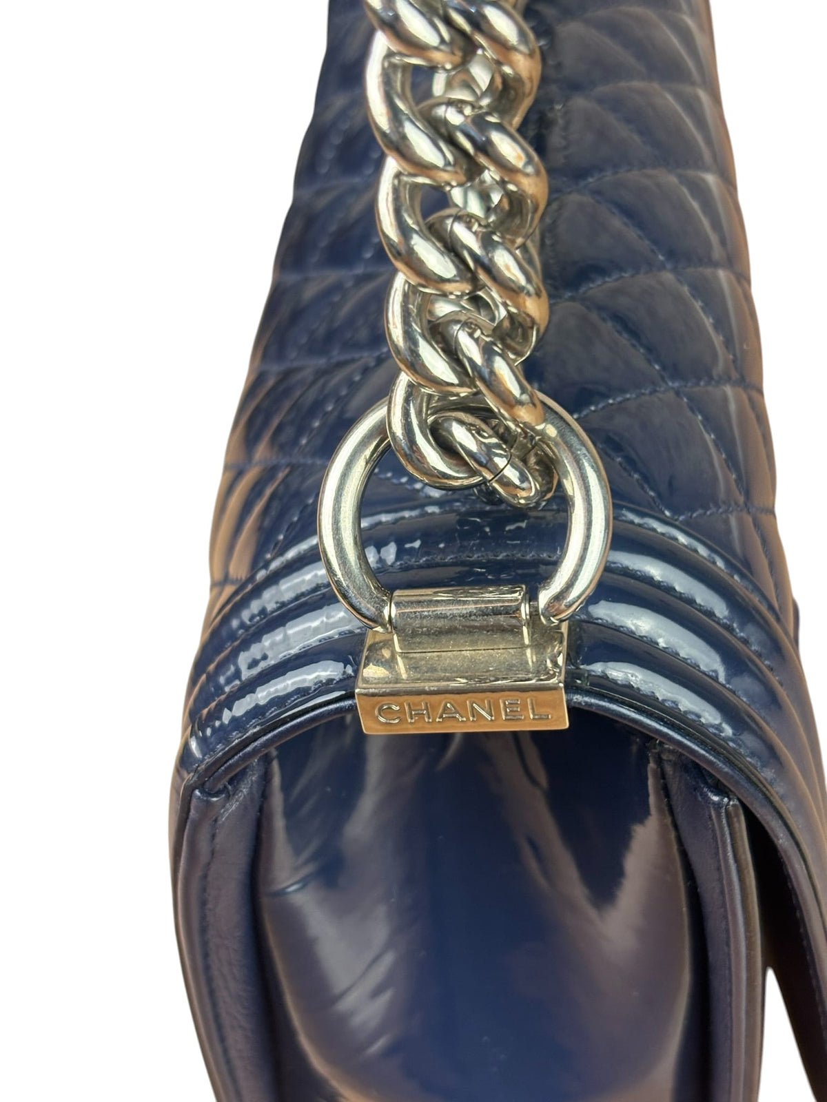 Chanel Navy Patent Quilted Leather Boy Flap Bag 2016