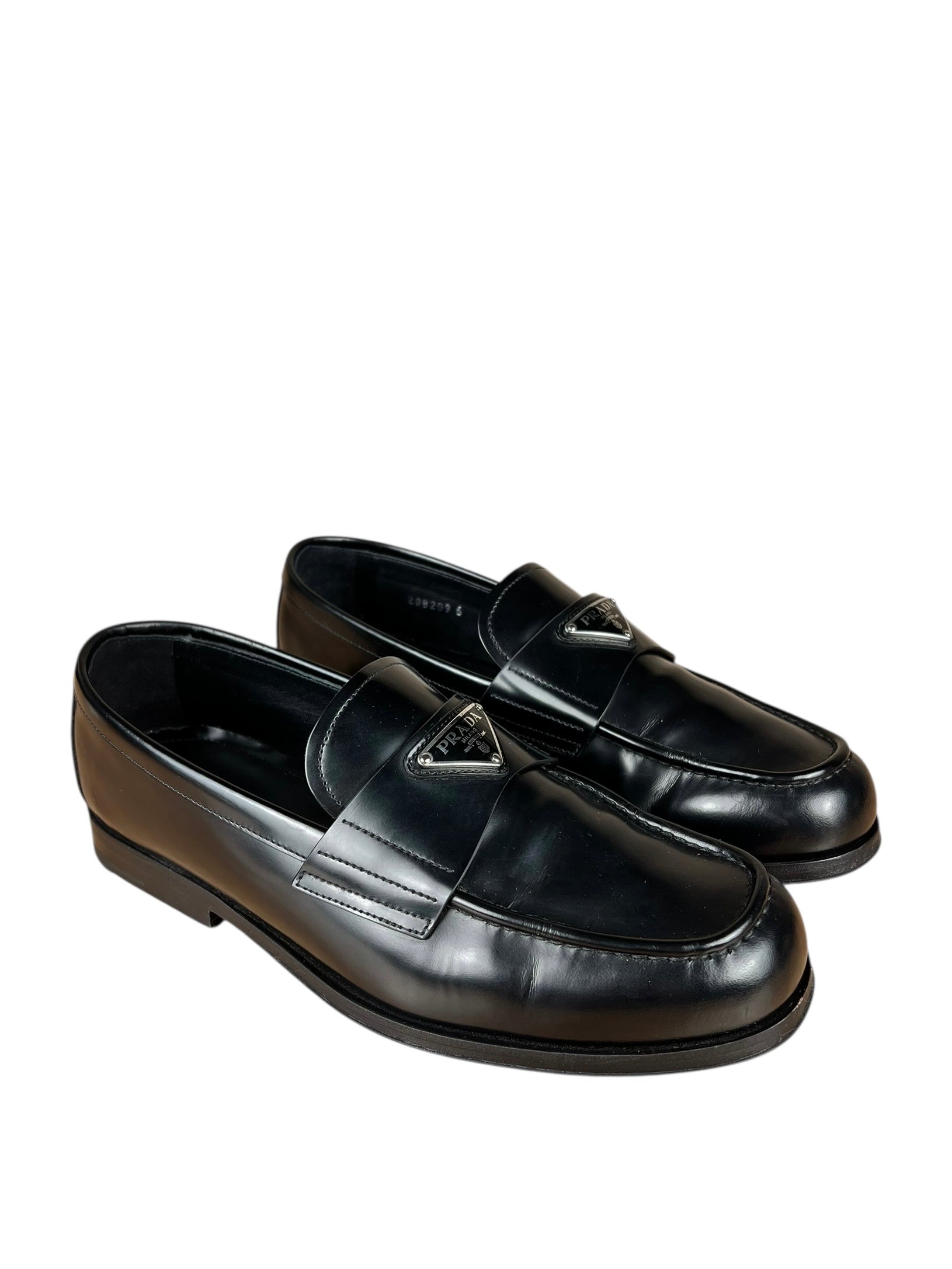 Prada Black Leather Triangle Logo Loafers