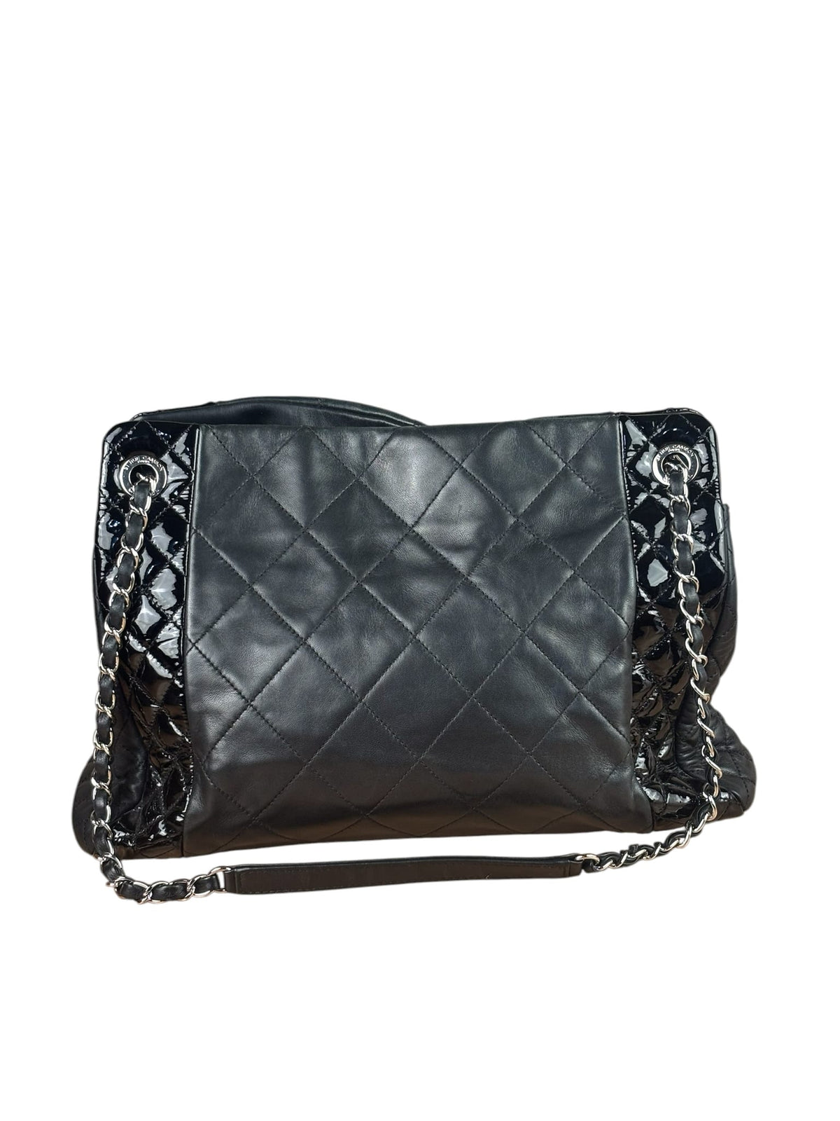 Chanel Black Quilted Patent Lambskin Trim Tote 2014