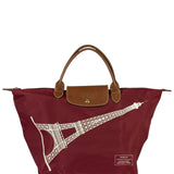 Longchamp Red Leather Trim Le Pliage Paris Eiffel Tower Tote Bag