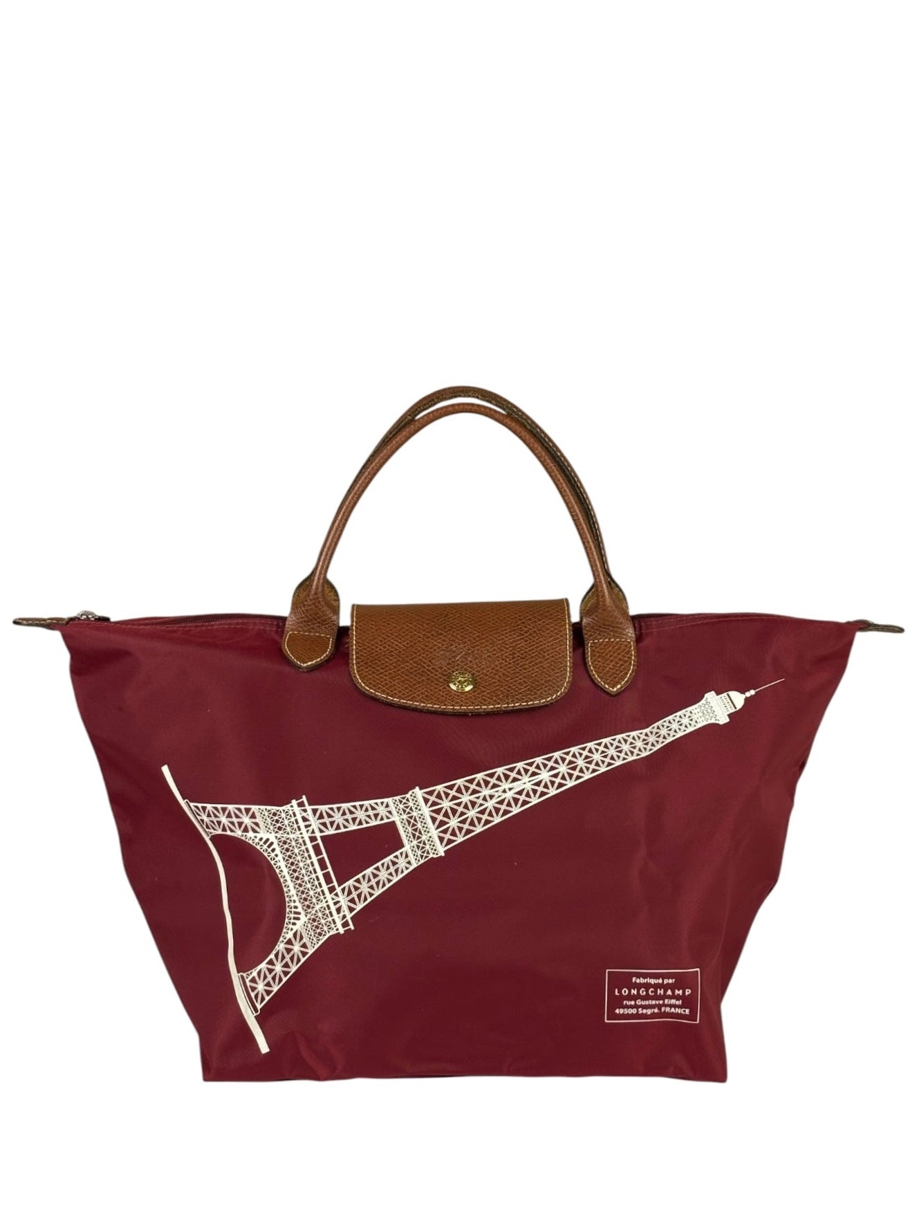 Longchamp Red Leather Trim Le Pliage Paris Eiffel Tower Tote Bag