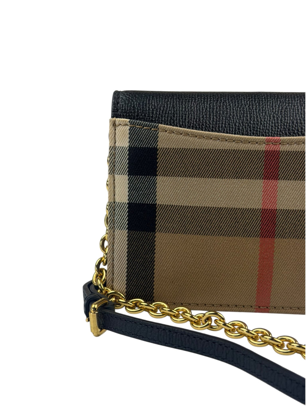 Burberry Black Leather House Check Flap Wallet On Chain