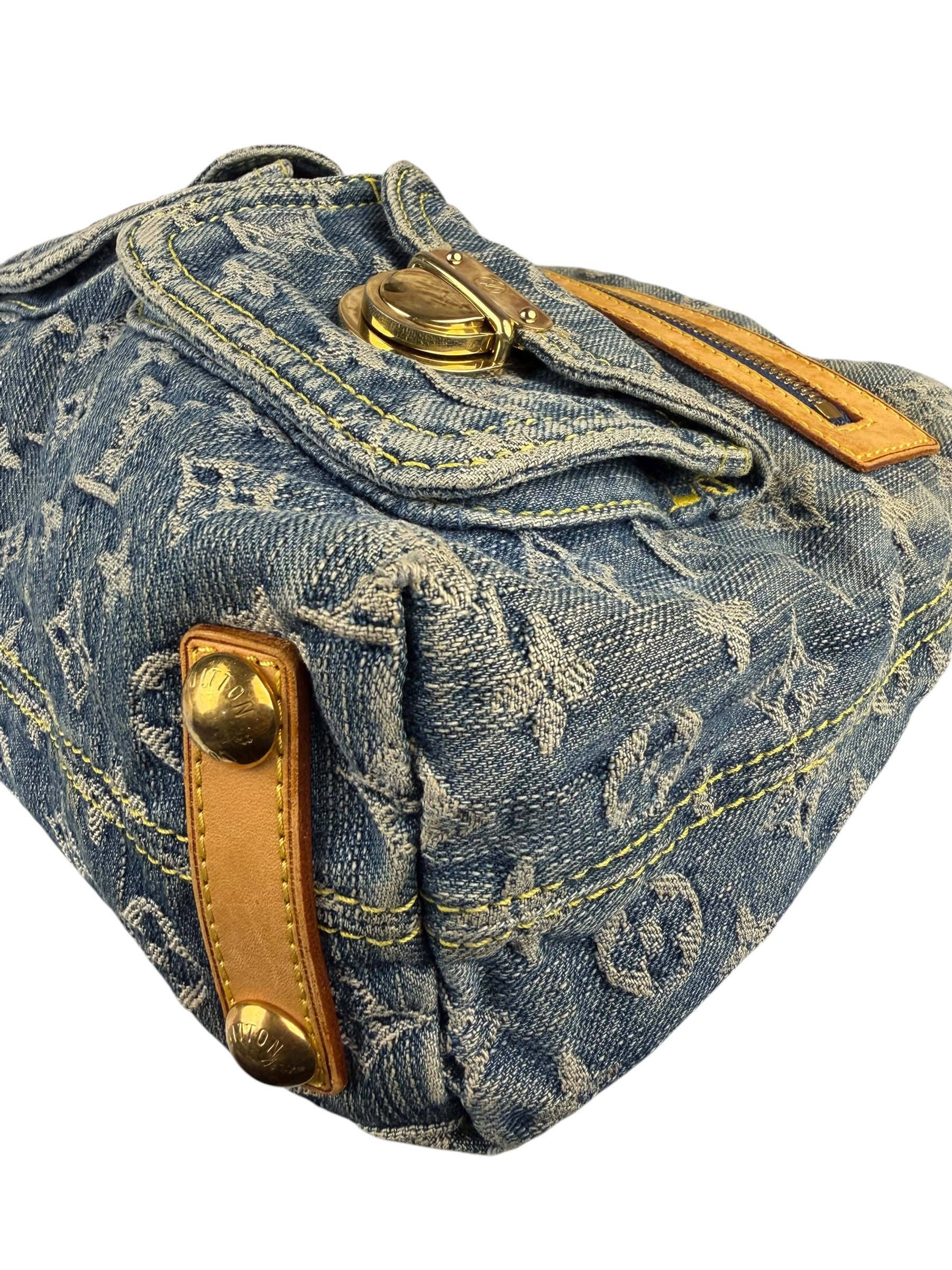 Louis Vuitton Vintage Denim Leather Trim Monogram Baggy Hobo Bag PM