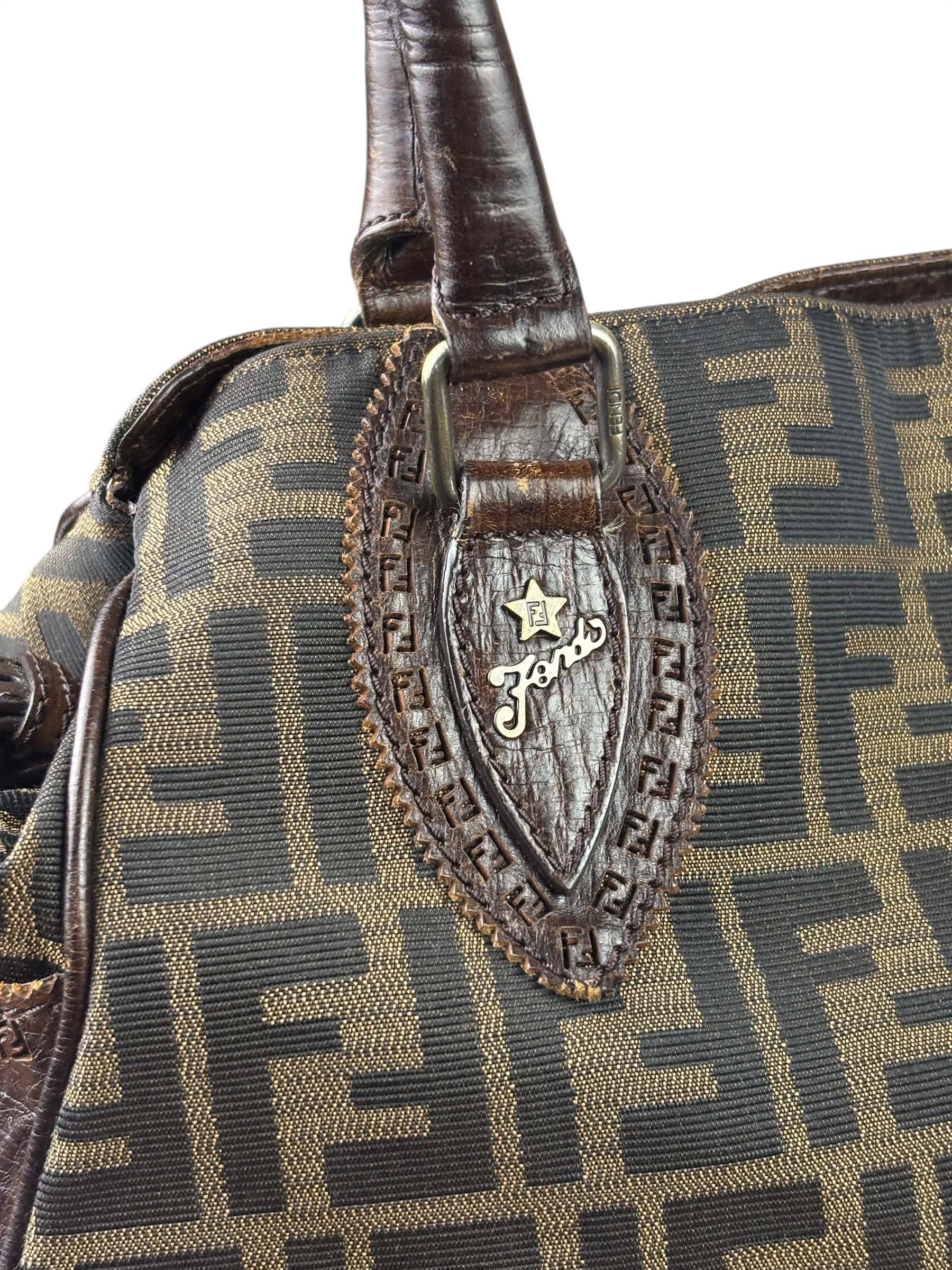 Fendi Vintage Brown Leather Trim Zucca De Jour Media Tote