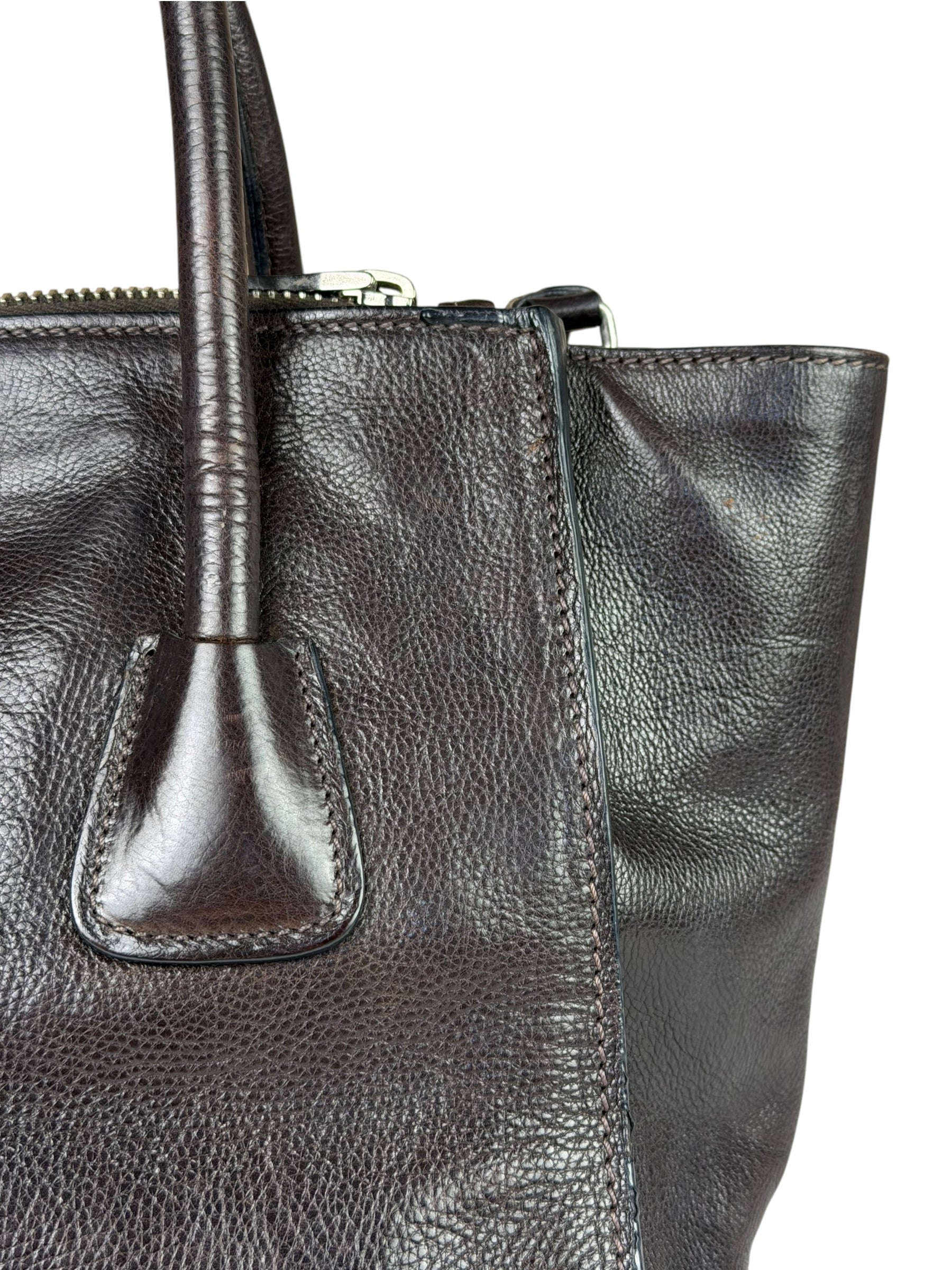 Prada Dark Brown Calf Leather Glace Twin-Pocket Tote