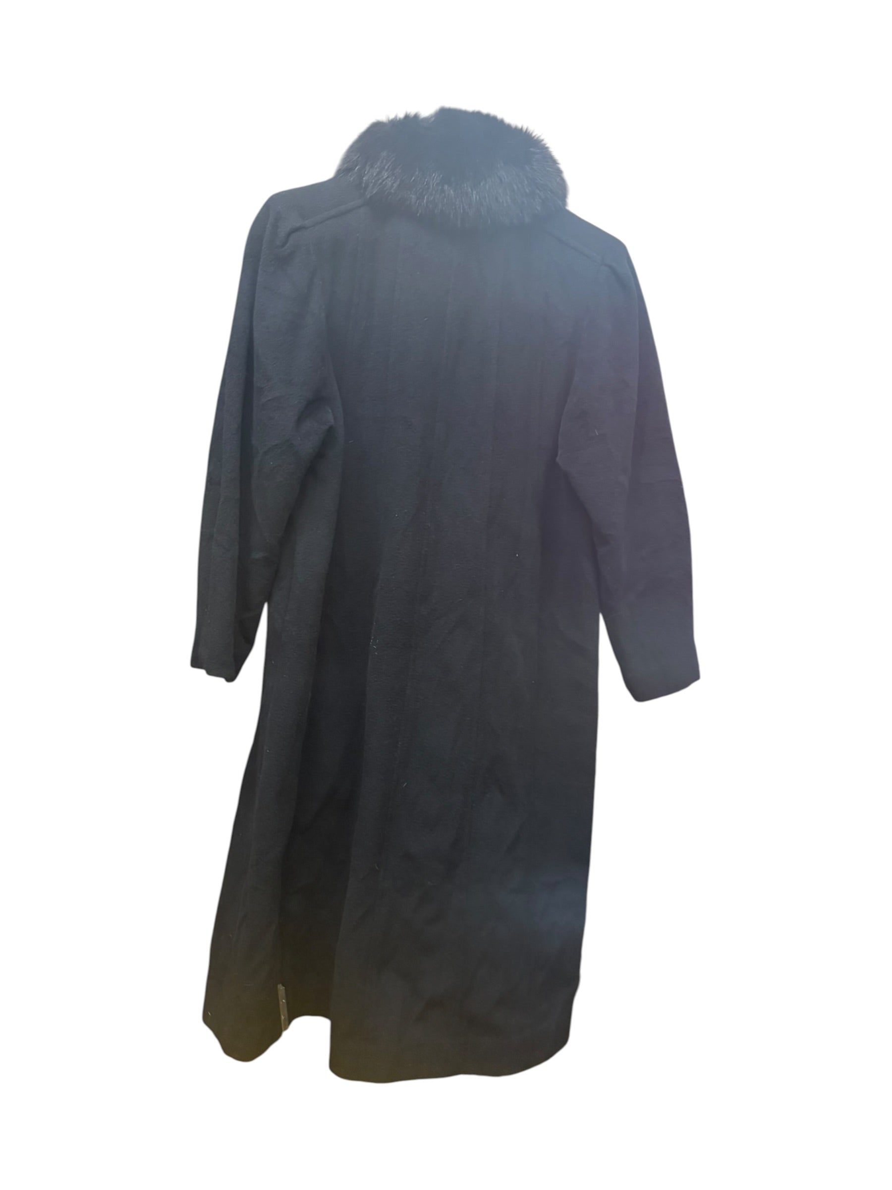 Vintage Black Wool Fox Fur Collared Long Coat