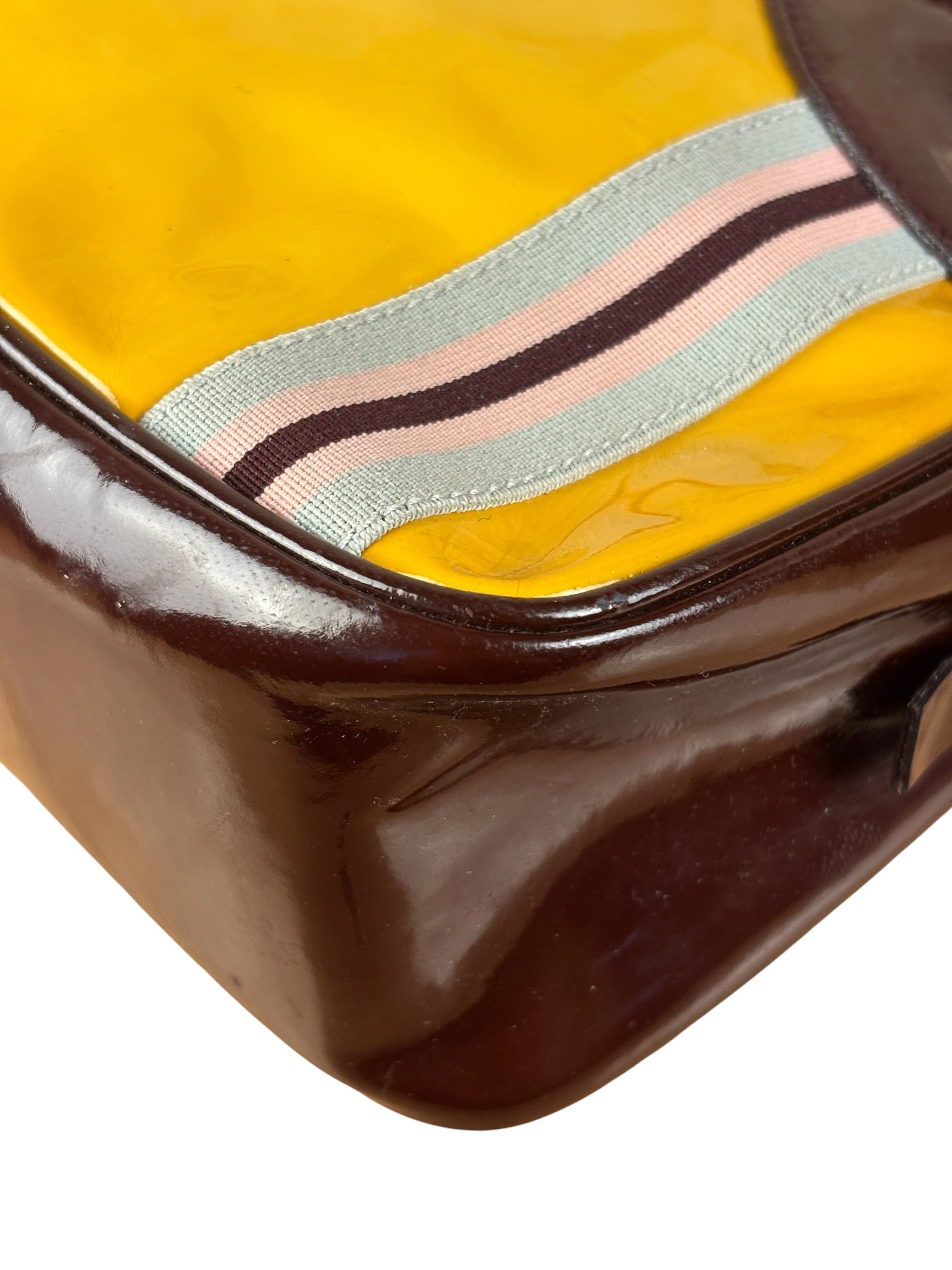 Prada Vintage Yellow/Burgundy Patent Leather Bowler Shoulder Bag