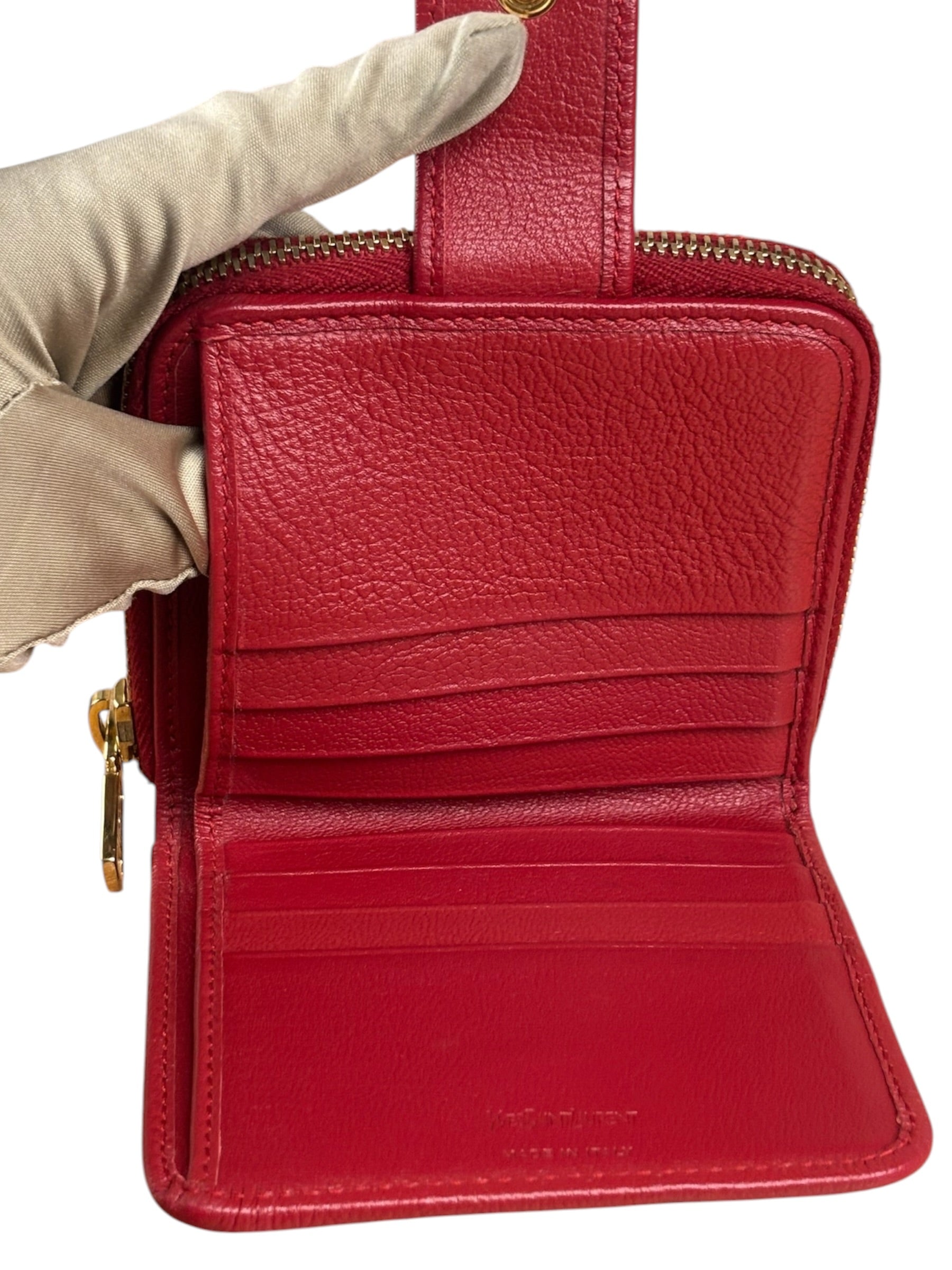 Yves Saint Laurent Red Leather Bifold Zip Mini Wallet