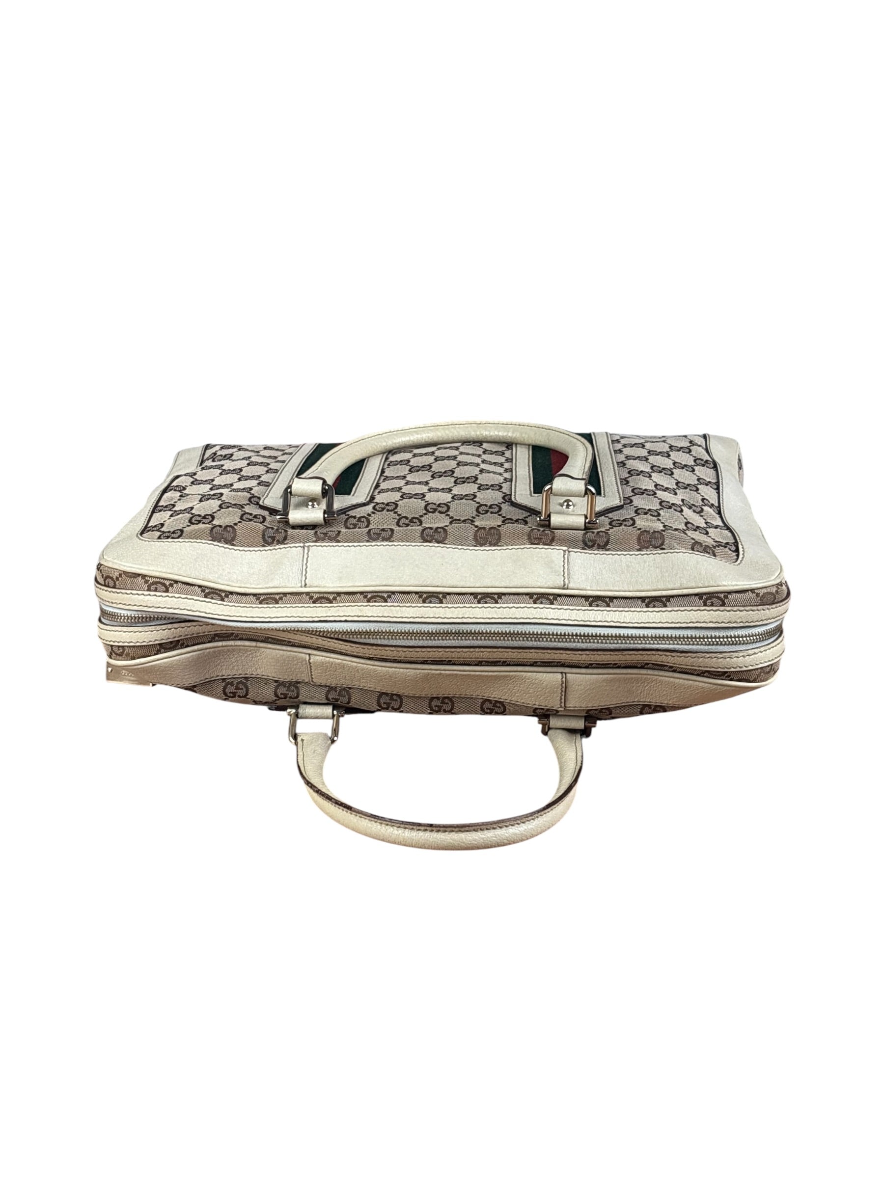 Gucci Leather Trim Monogram Canvas Web Stripe Tote Bag