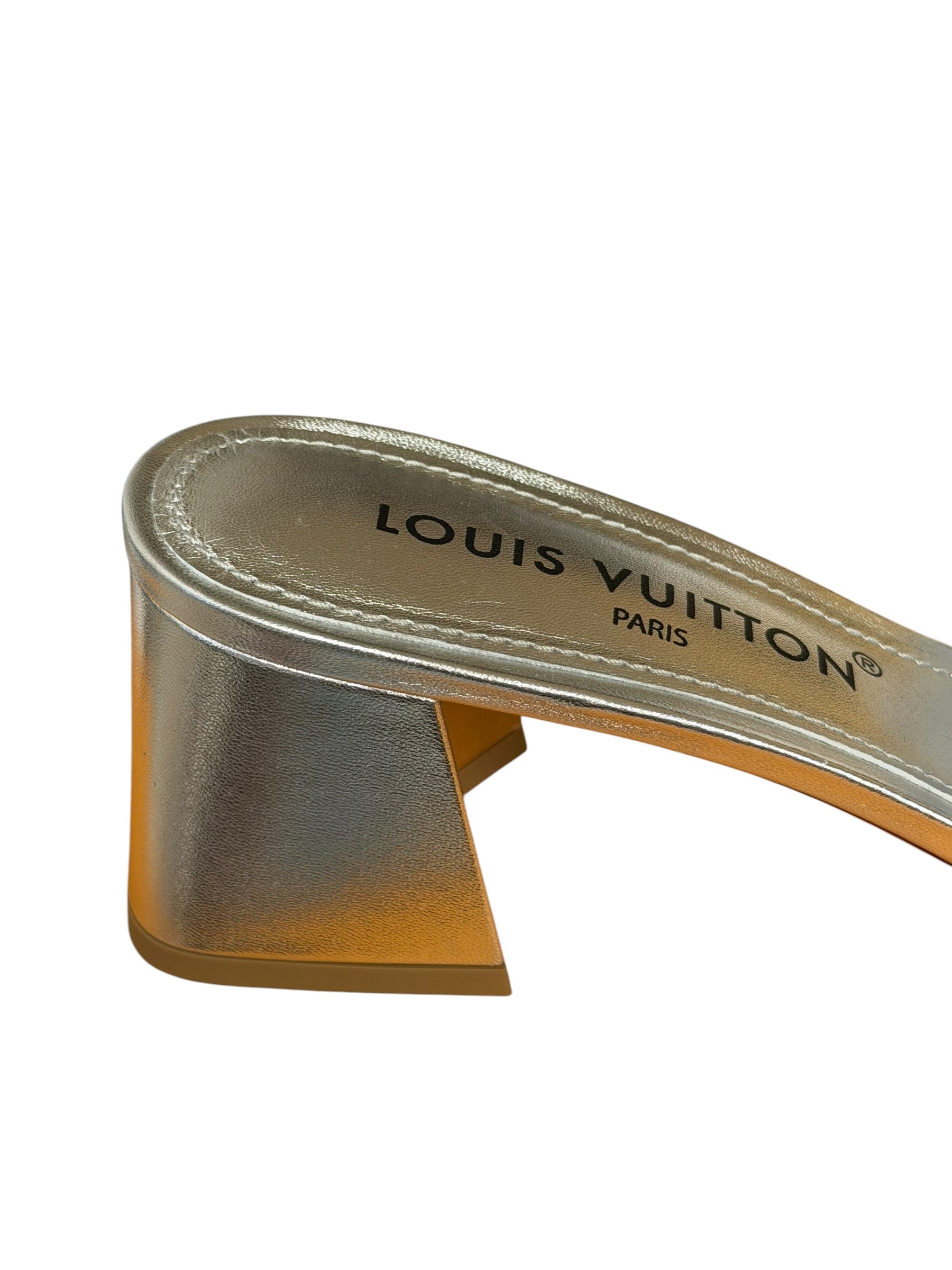 Louis Vuitton Silver Leather Shake Mules LV Crystal Embellished