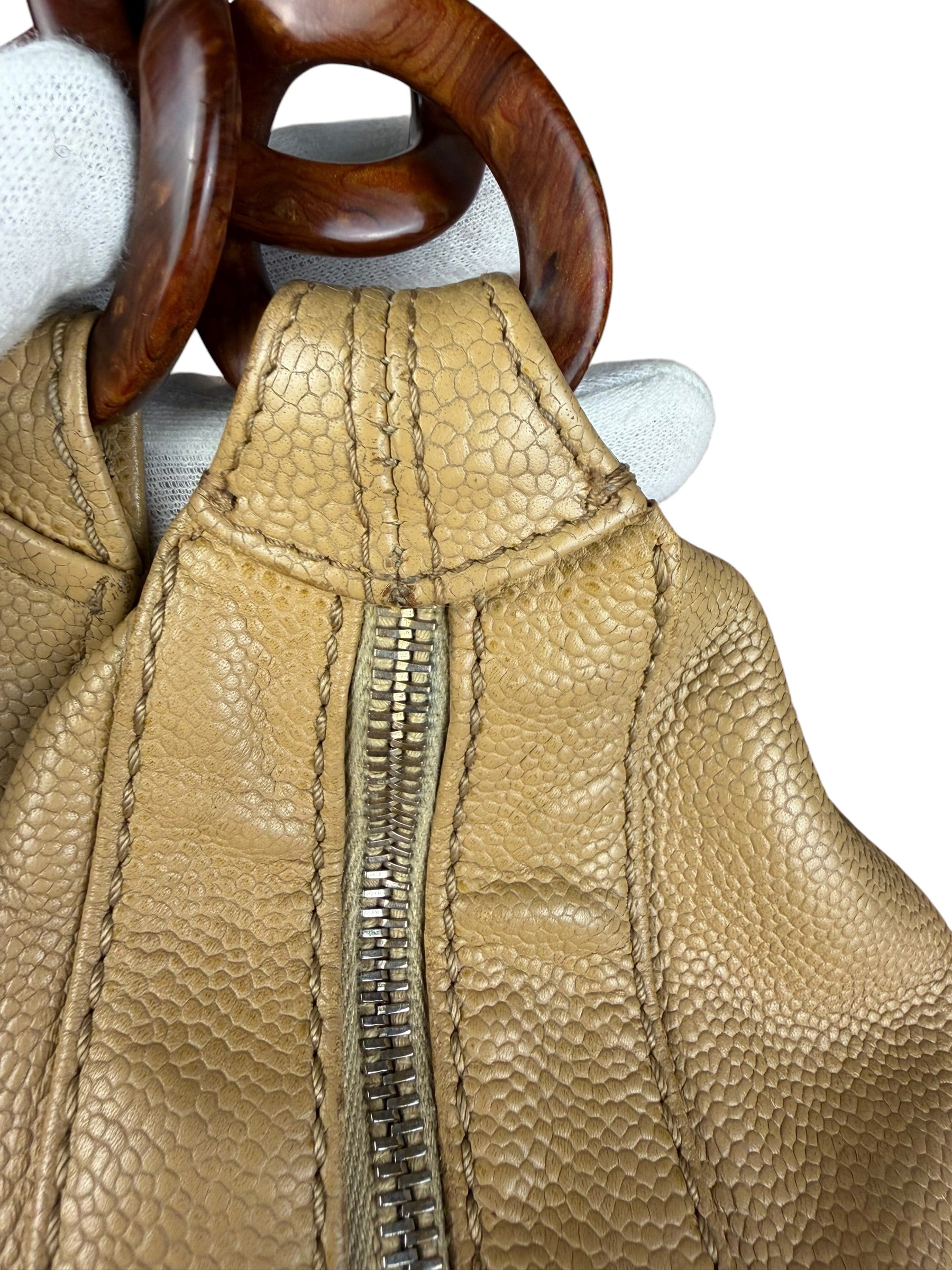 Chanel CC Vintage Beige Leather Caviar Wood Chain Hobo Bag