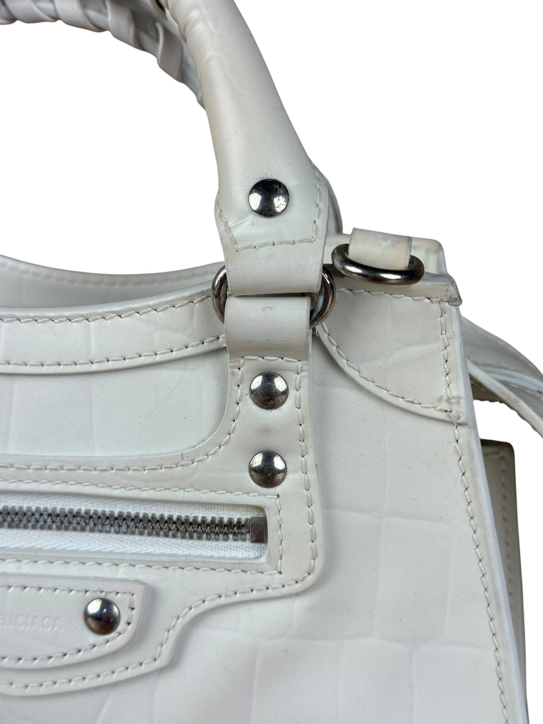 Balenciaga White Croc Embossed S Neo City Bag
