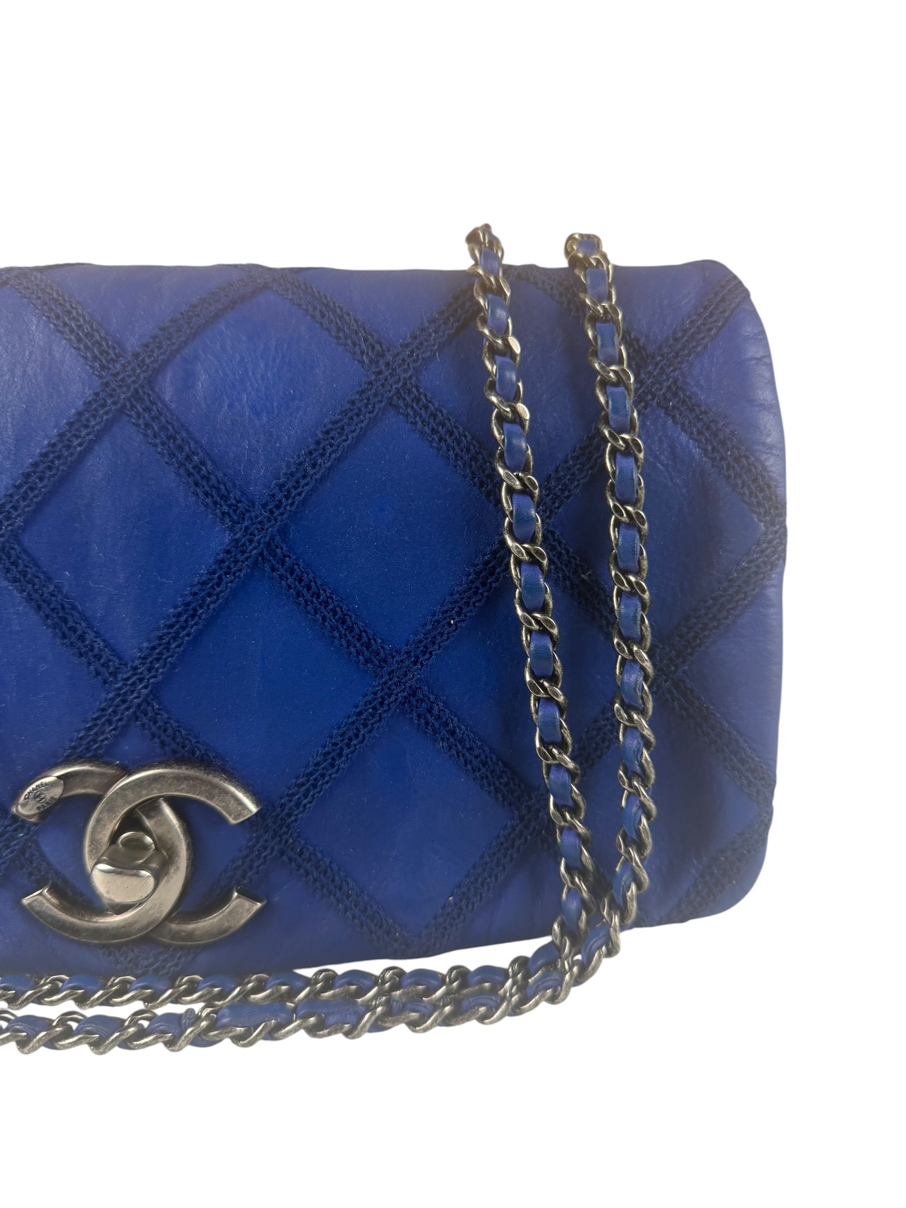 Chanel Blue Leather Diamond Stitch Iridescent Chain Flap Bag 2012