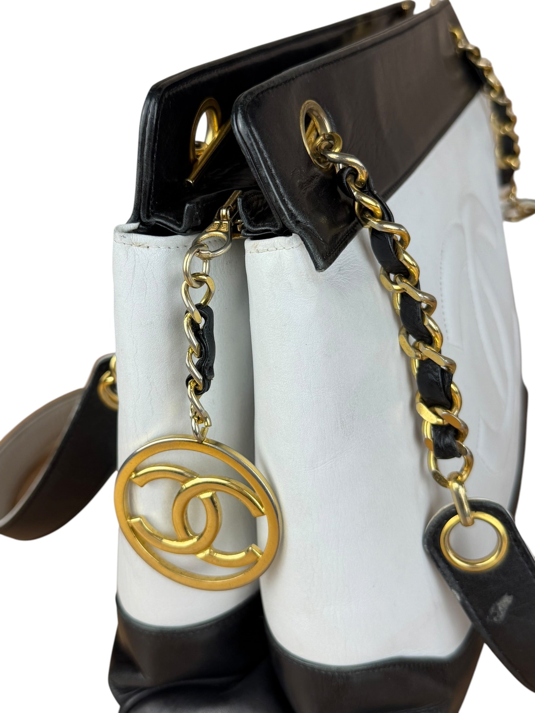 Chanel Vintage Black/White Leather CC Chain Tote '89-'91