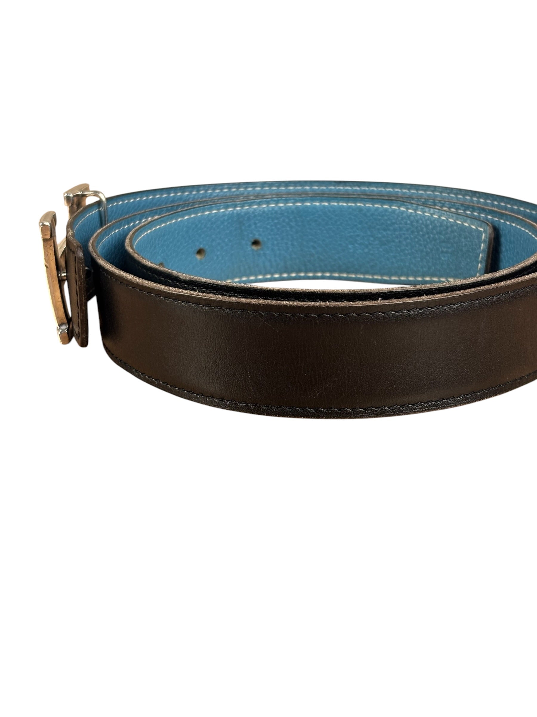Hermes Tuareg H Solid Silver Buckle Black/Blue Belt