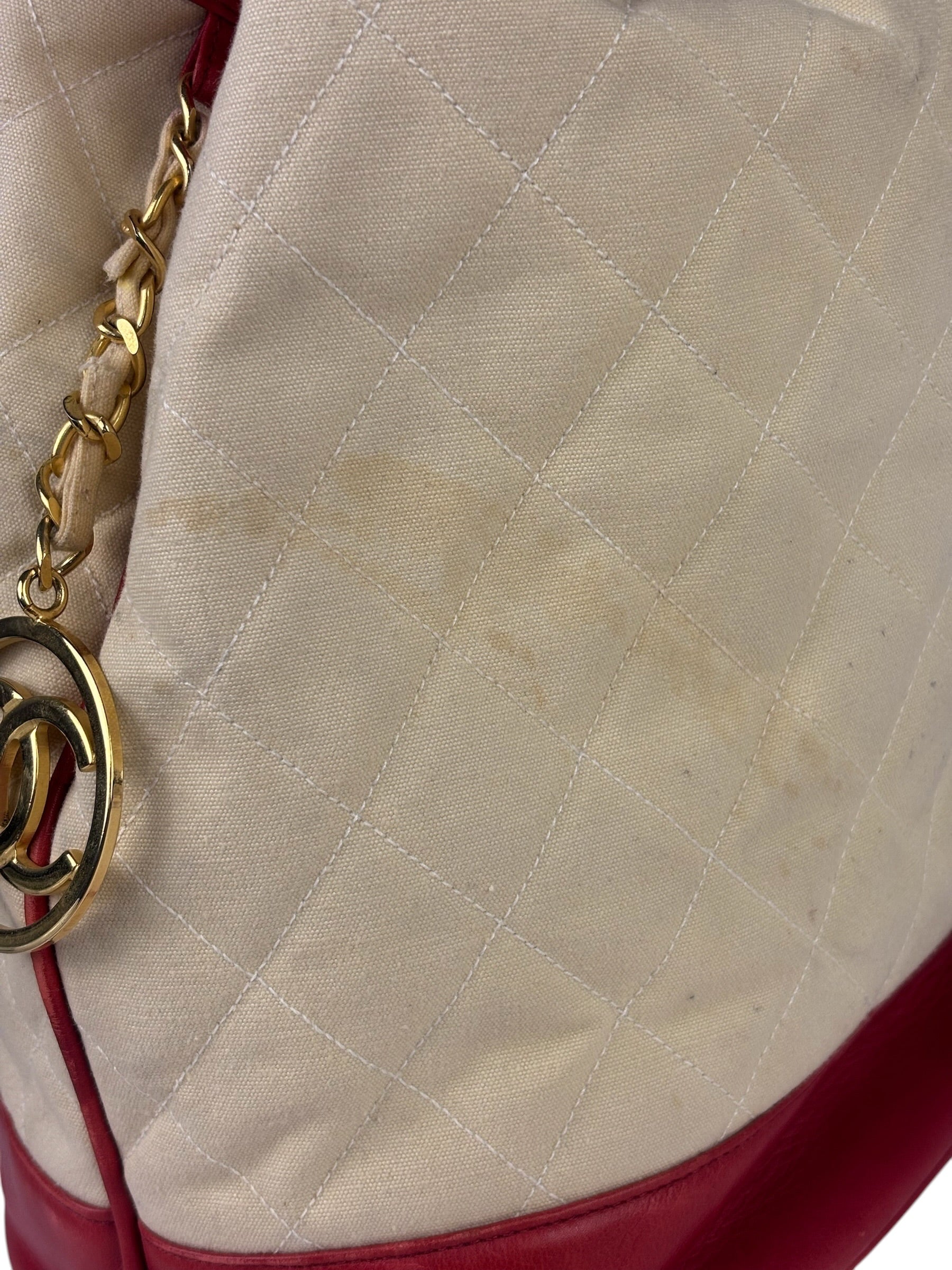 Chanel Vintage Beige/Red Leather Trim Drawstring Bucket Bag 1989