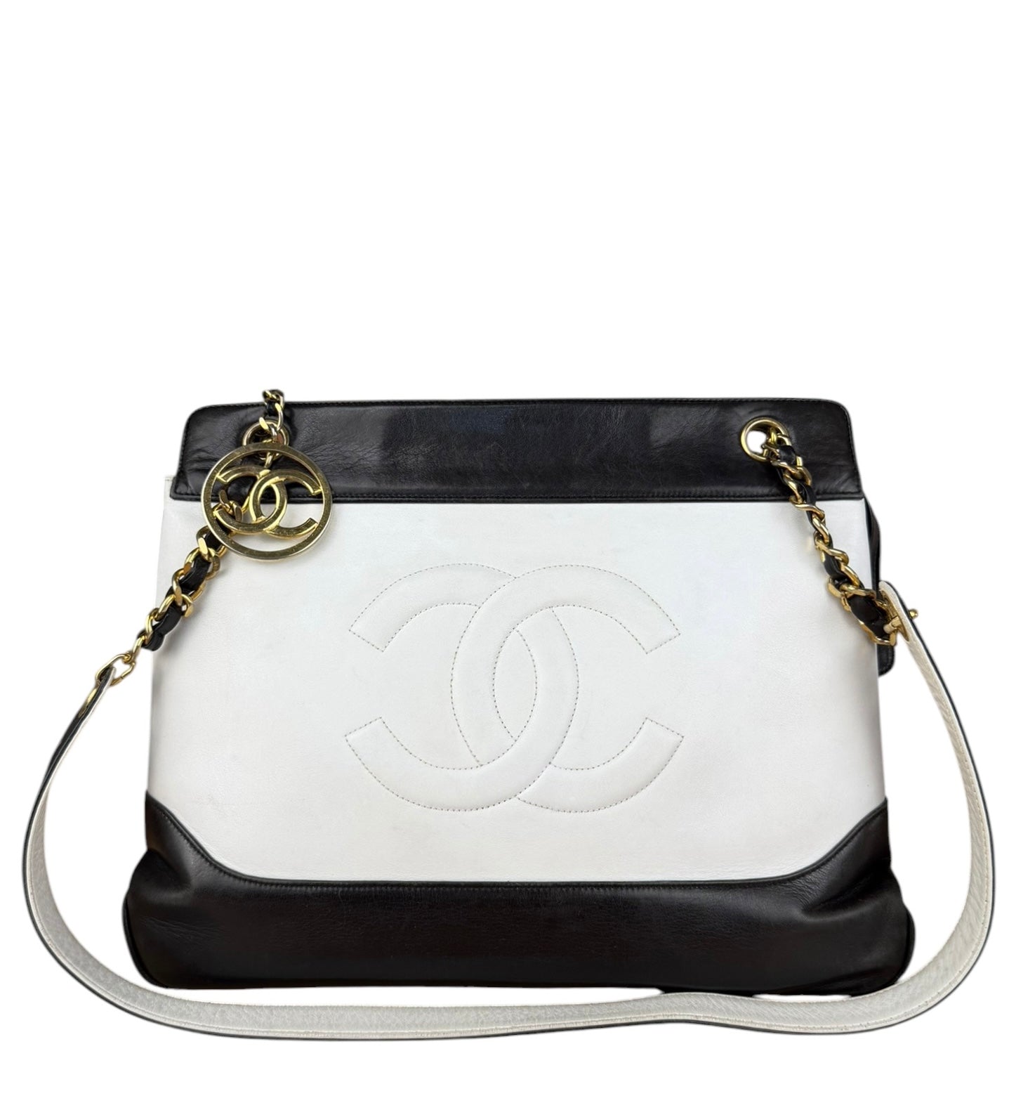 Chanel Vintage Black/White Leather CC Chain Tote '89-'91