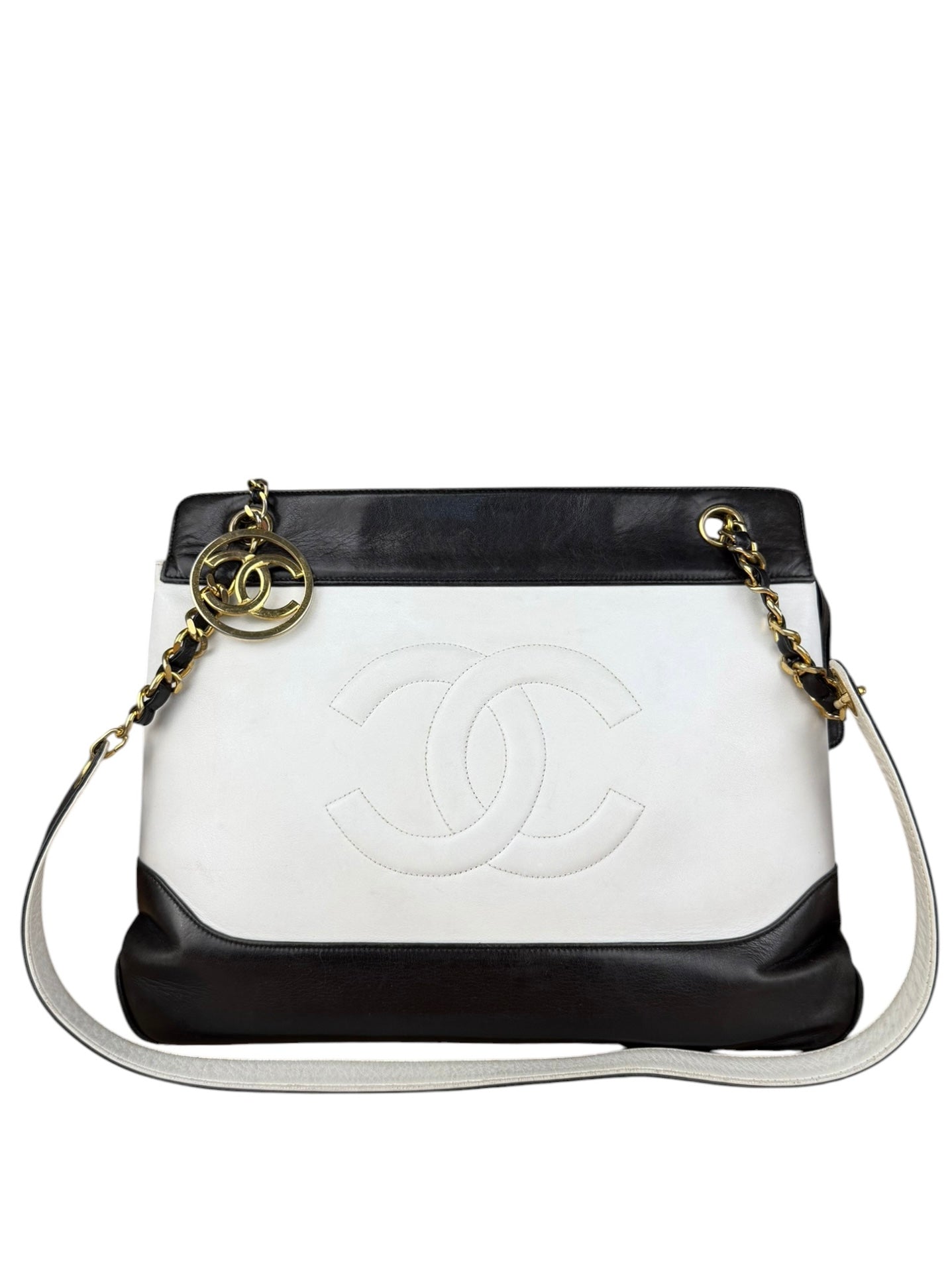 Chanel Vintage Black/White Leather CC Chain Tote '89-'91
