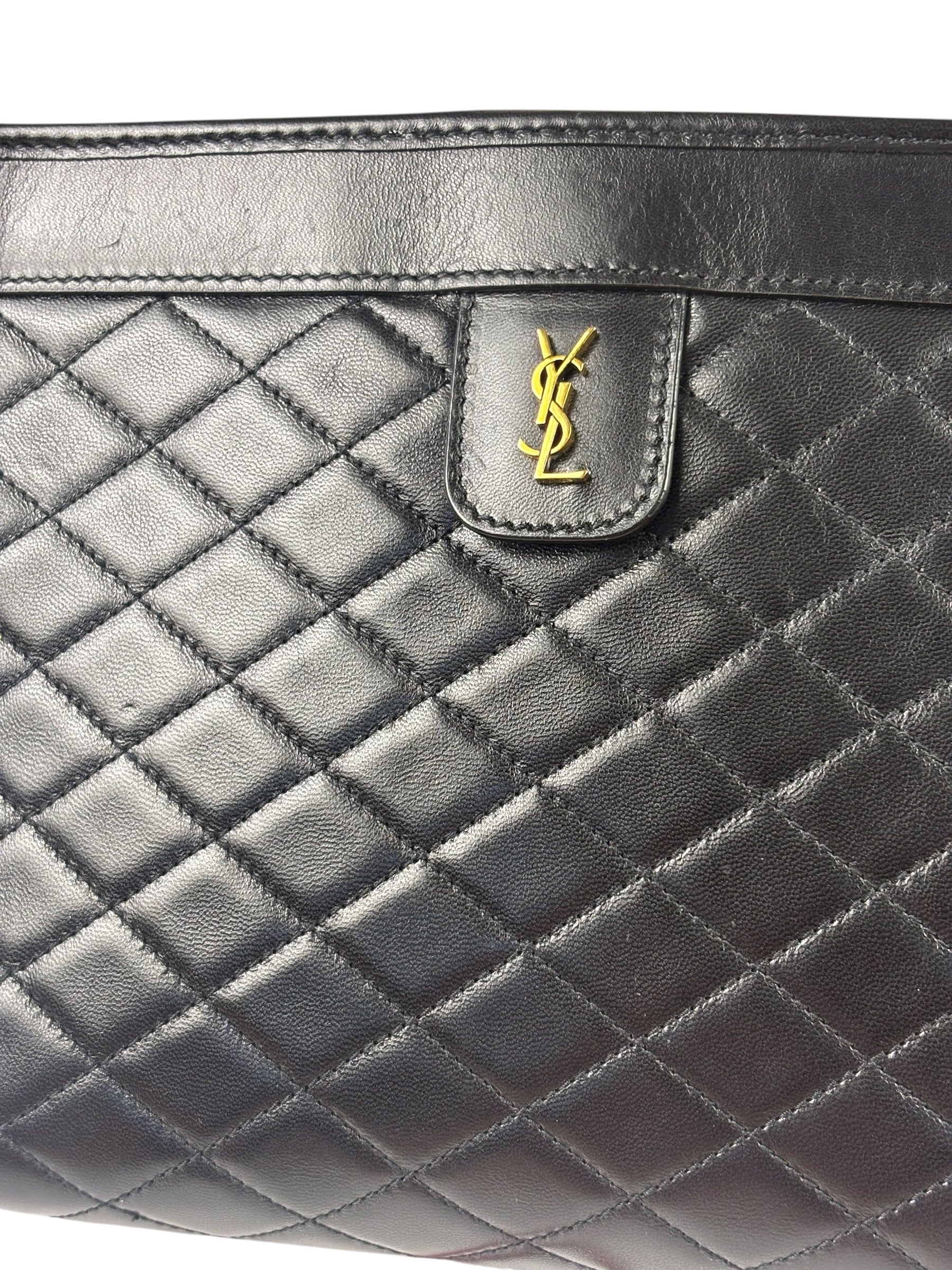 YSL Black Leather Baby Victoire Chain Clutch