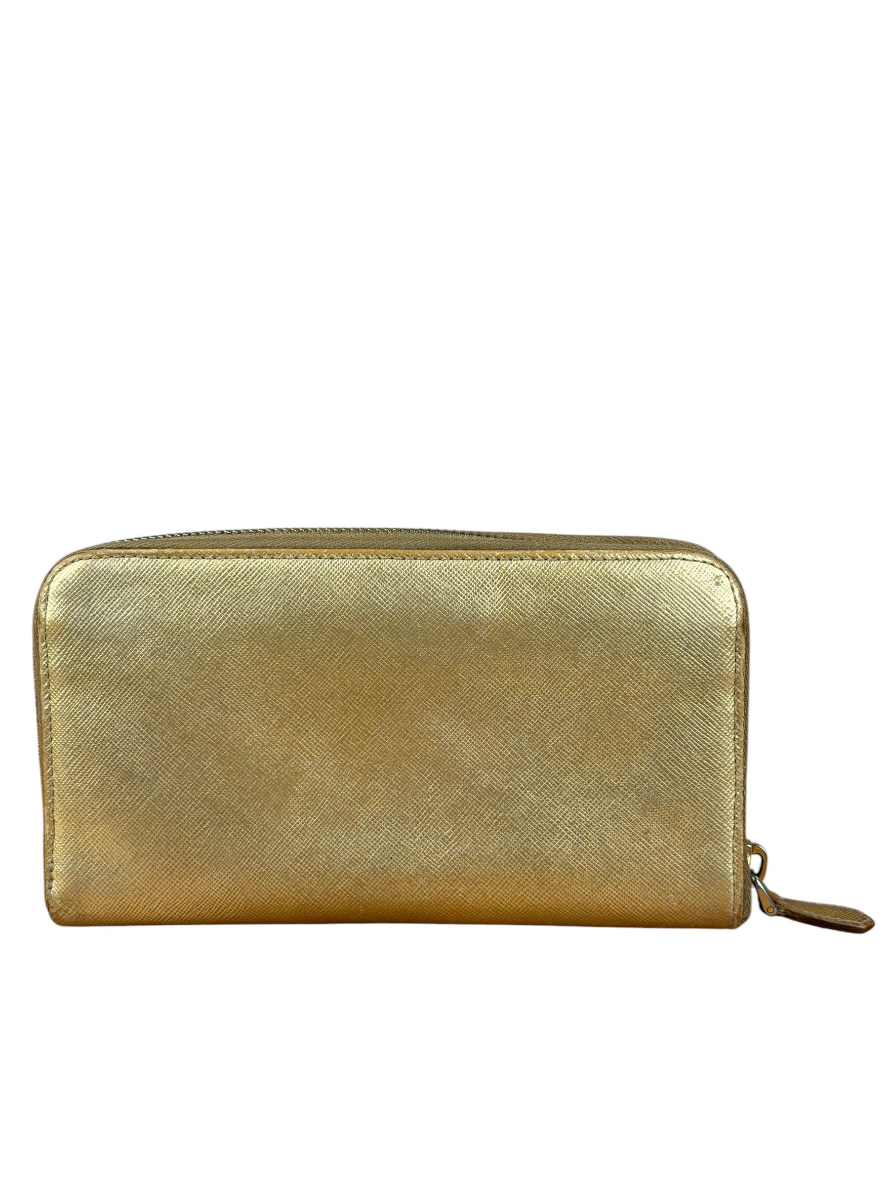 Prada Metallic Gold Saffiano Leather Zip-Around Wallet