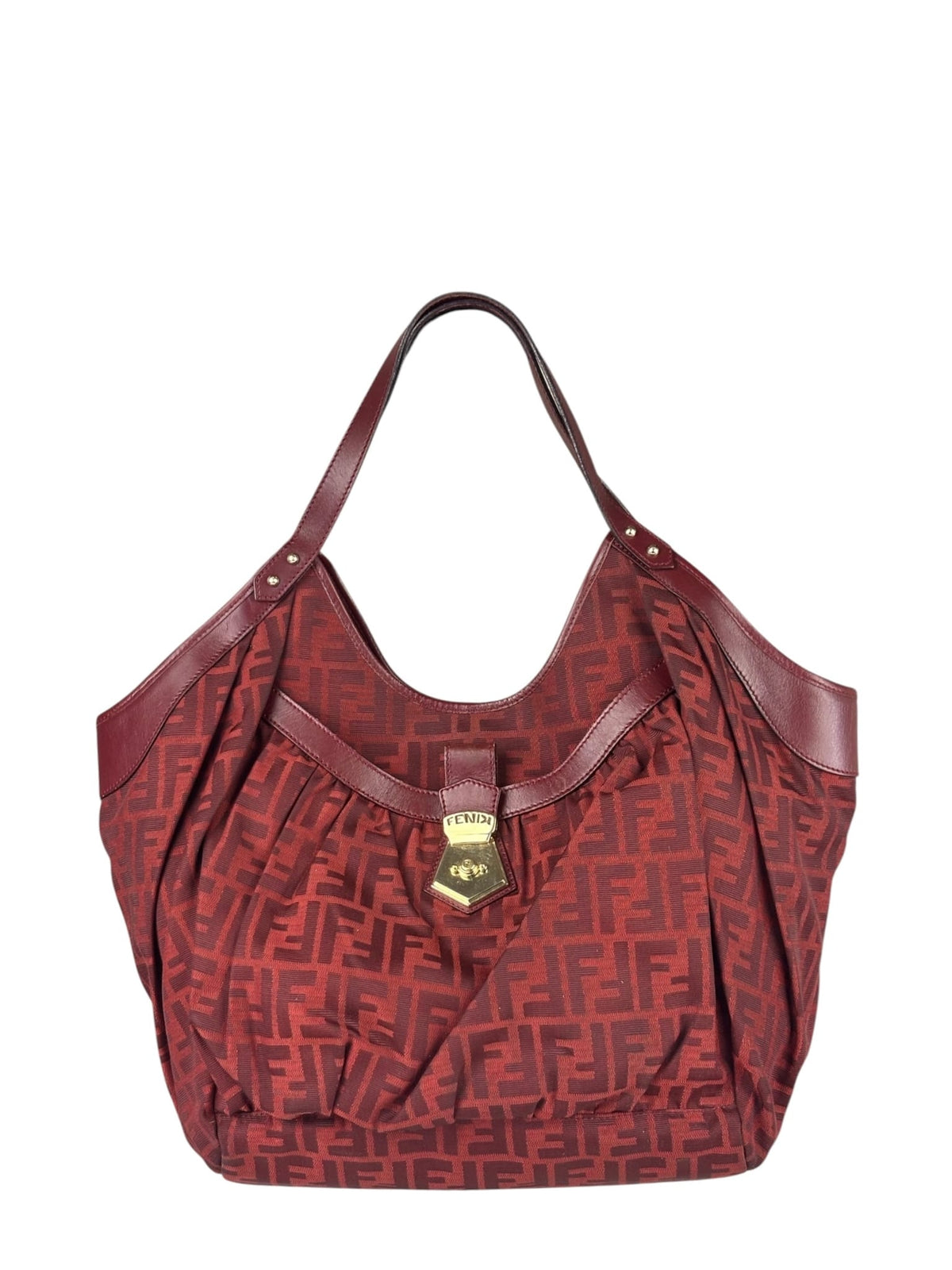 Fendi Red Leather Trim Zucca Chef Tote