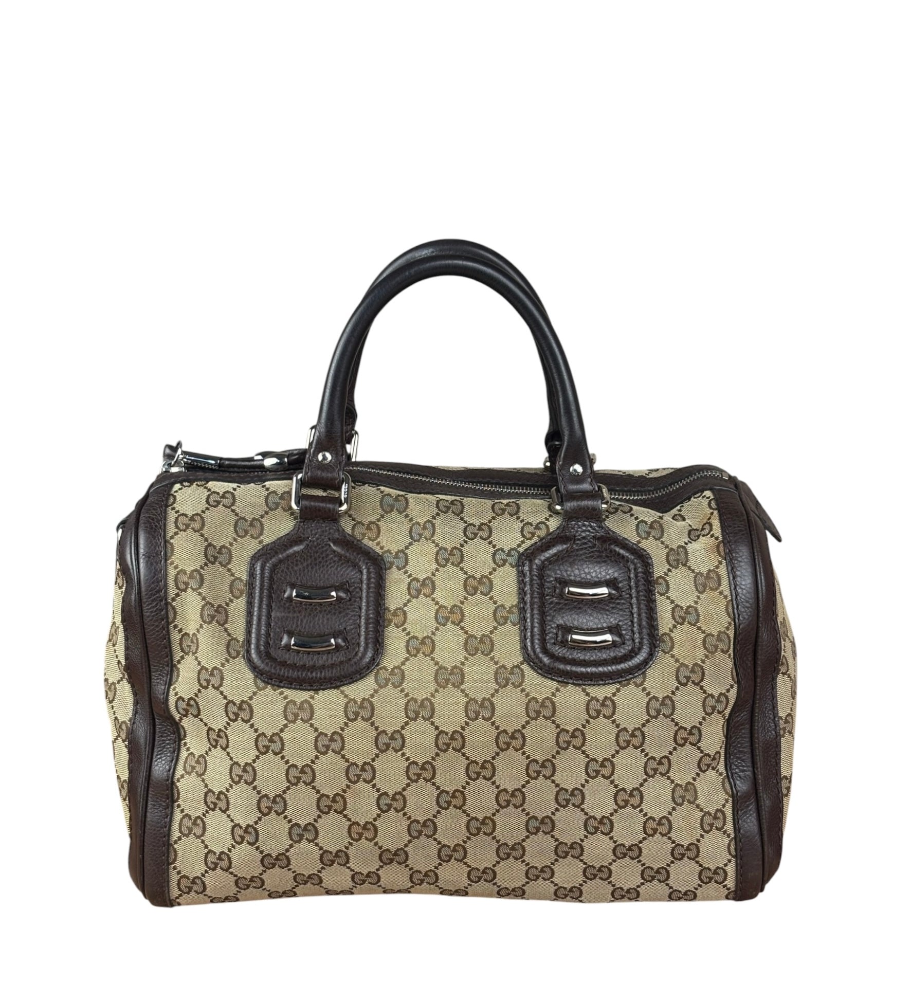 Gucci GG Leather Trim Canvas Techno Boston Handbag