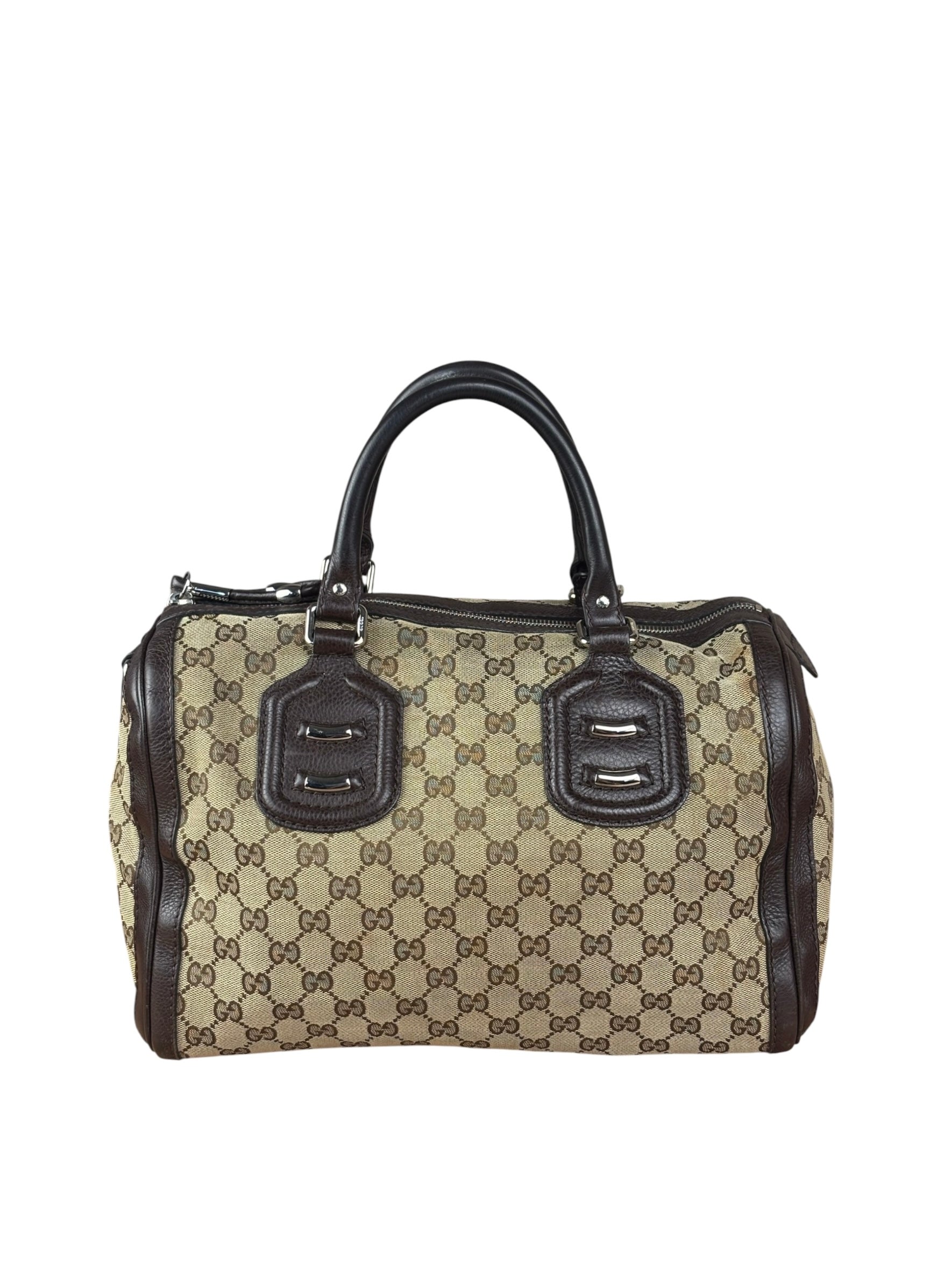 Gucci GG Leather Trim Canvas Techno Boston Handbag
