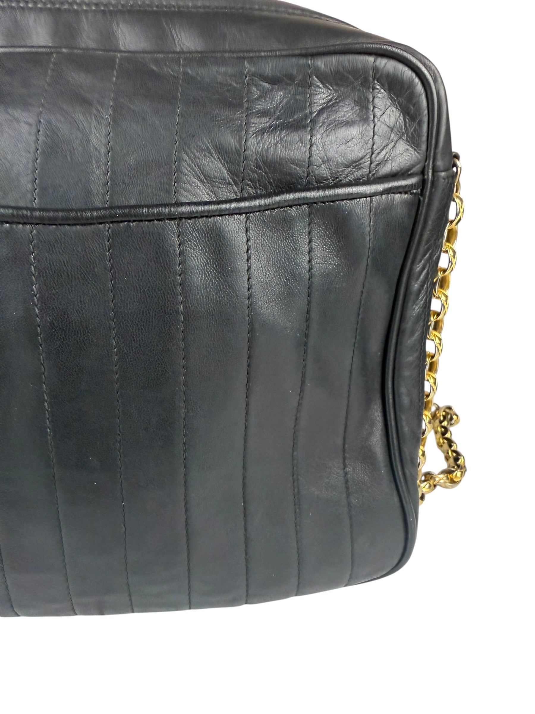 Chanel Vintage Black Leather Mademoiselle Vertical Quilted Shoulder Bag 1990's