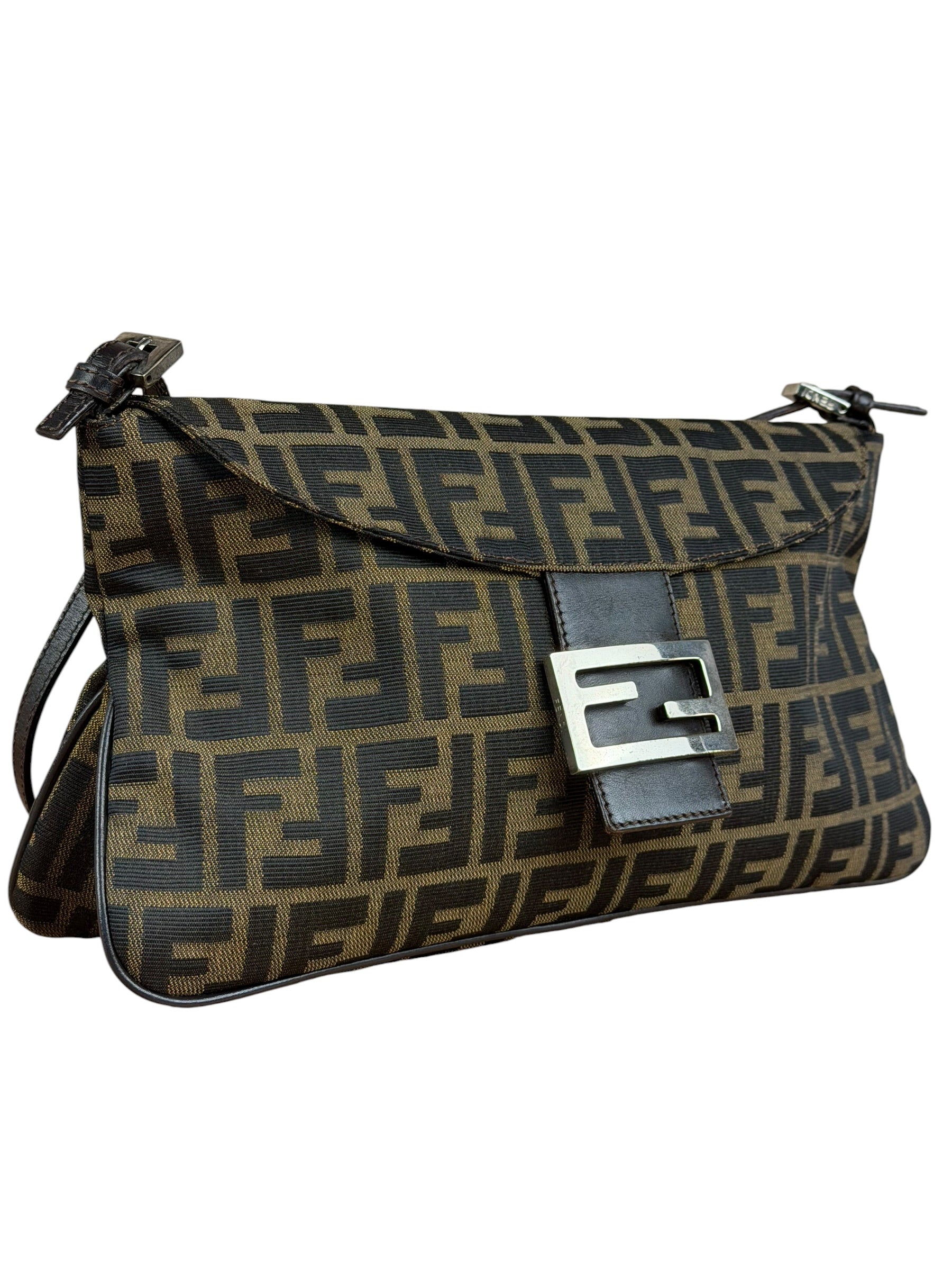 Fendi Brown Leather Trim Zucca FF Monogram Baguette