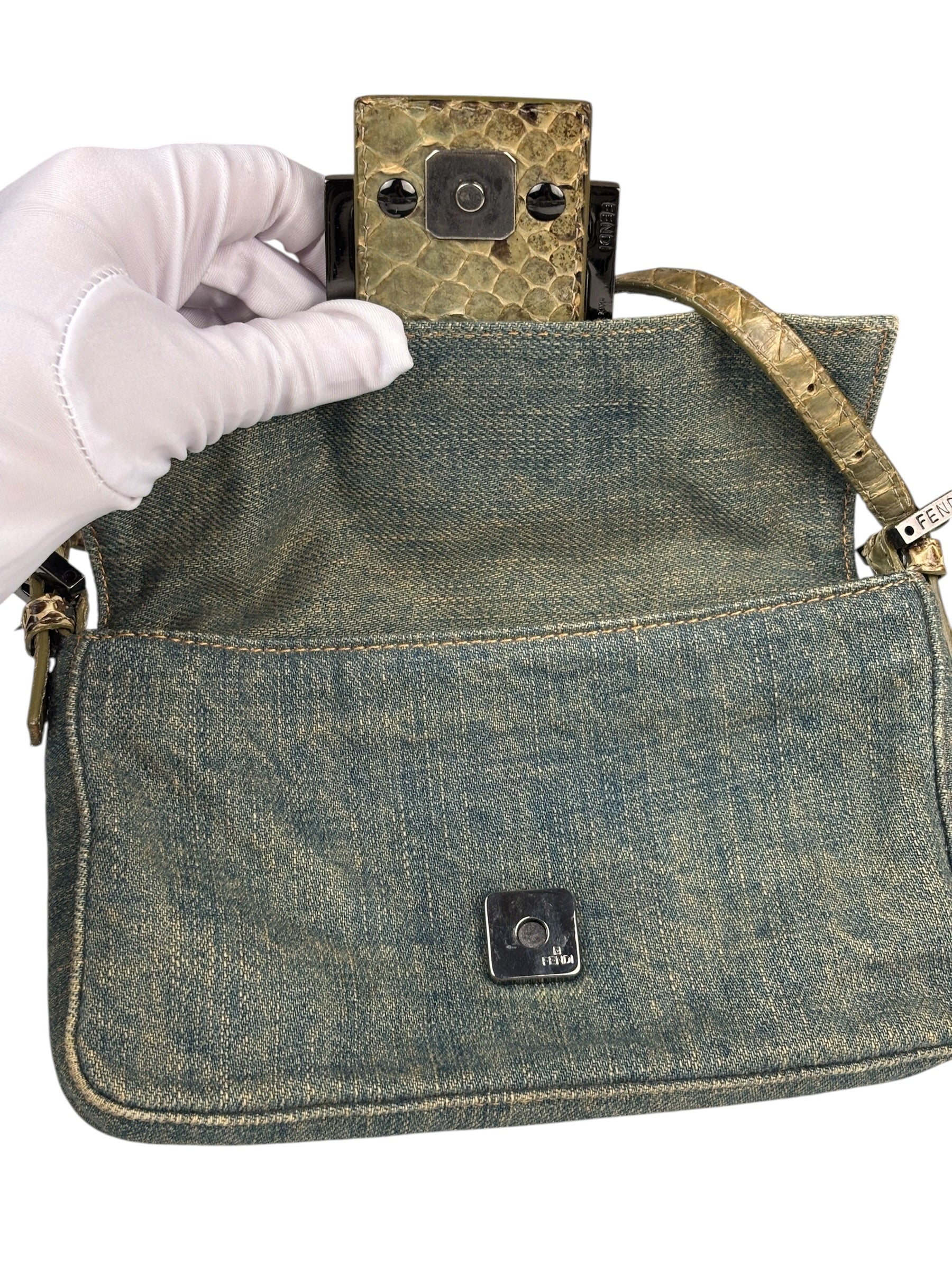 Fendi Denim/Snakeskin Trim Mini Baguette