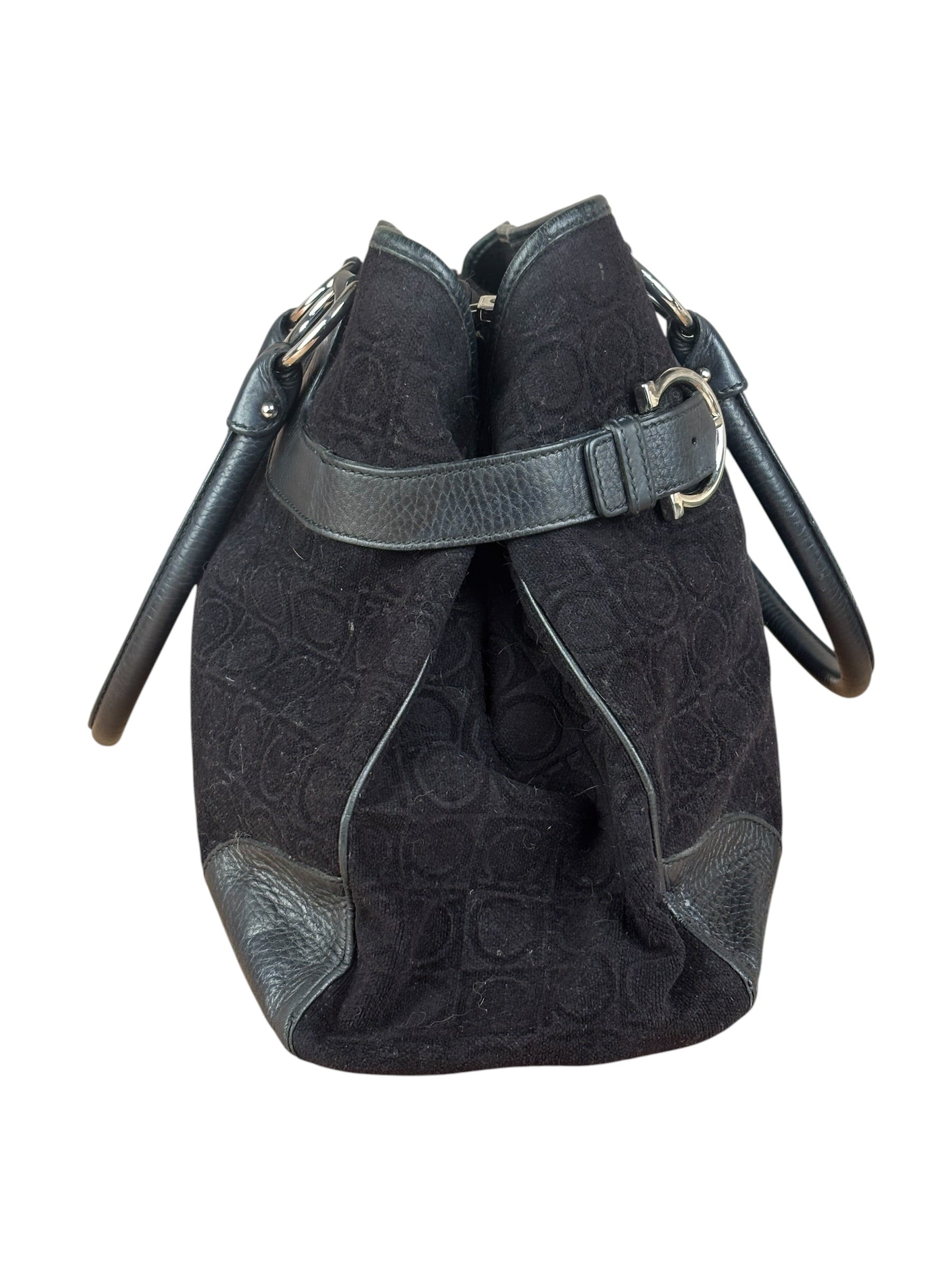 Salvatore Ferragamo Black Leather Trim Gancini Monogram Canvas Shoulder Bag
