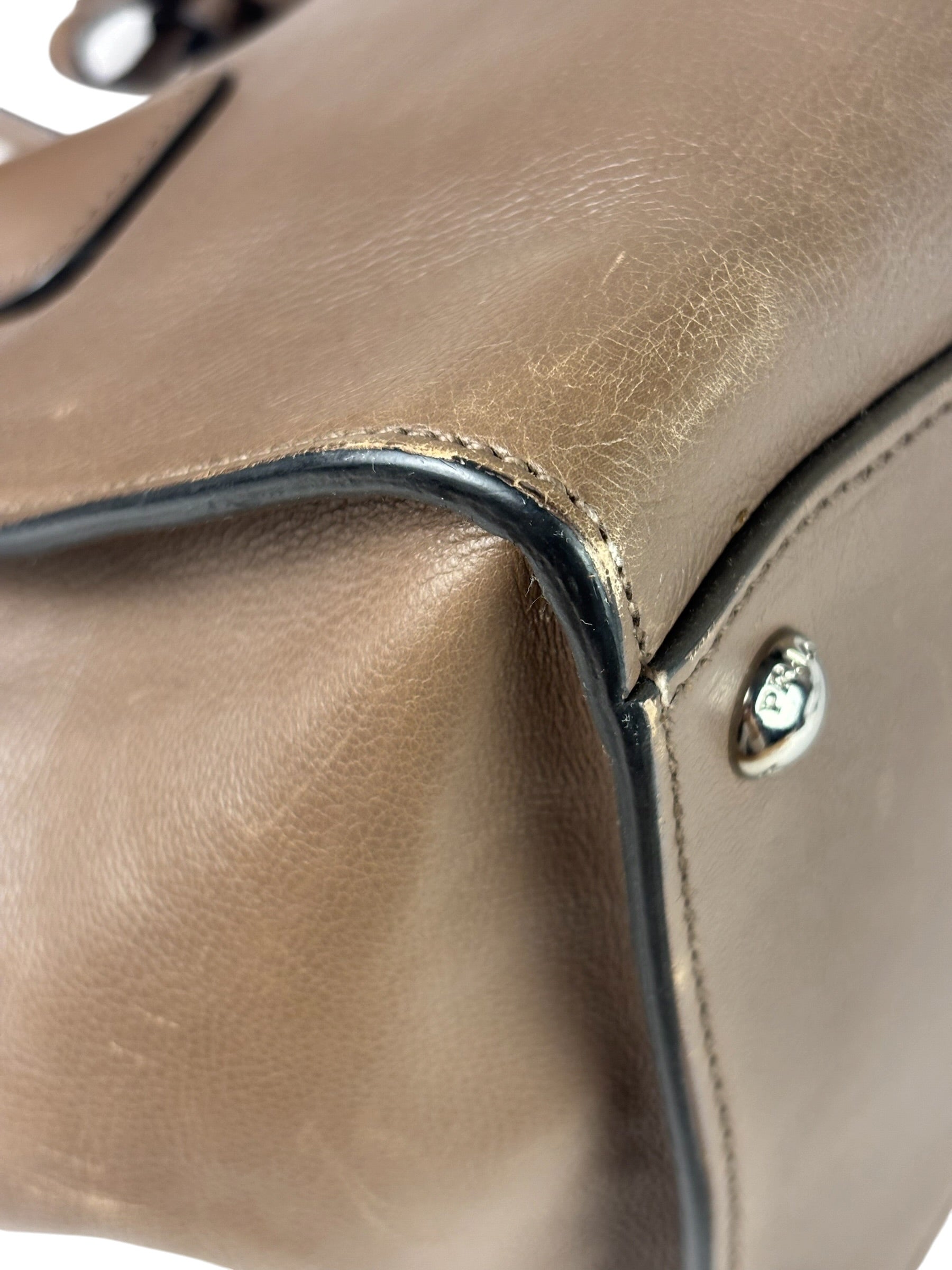 Prada Neutral Taupe Glace Calf Twin Pocket Two-Way Tote