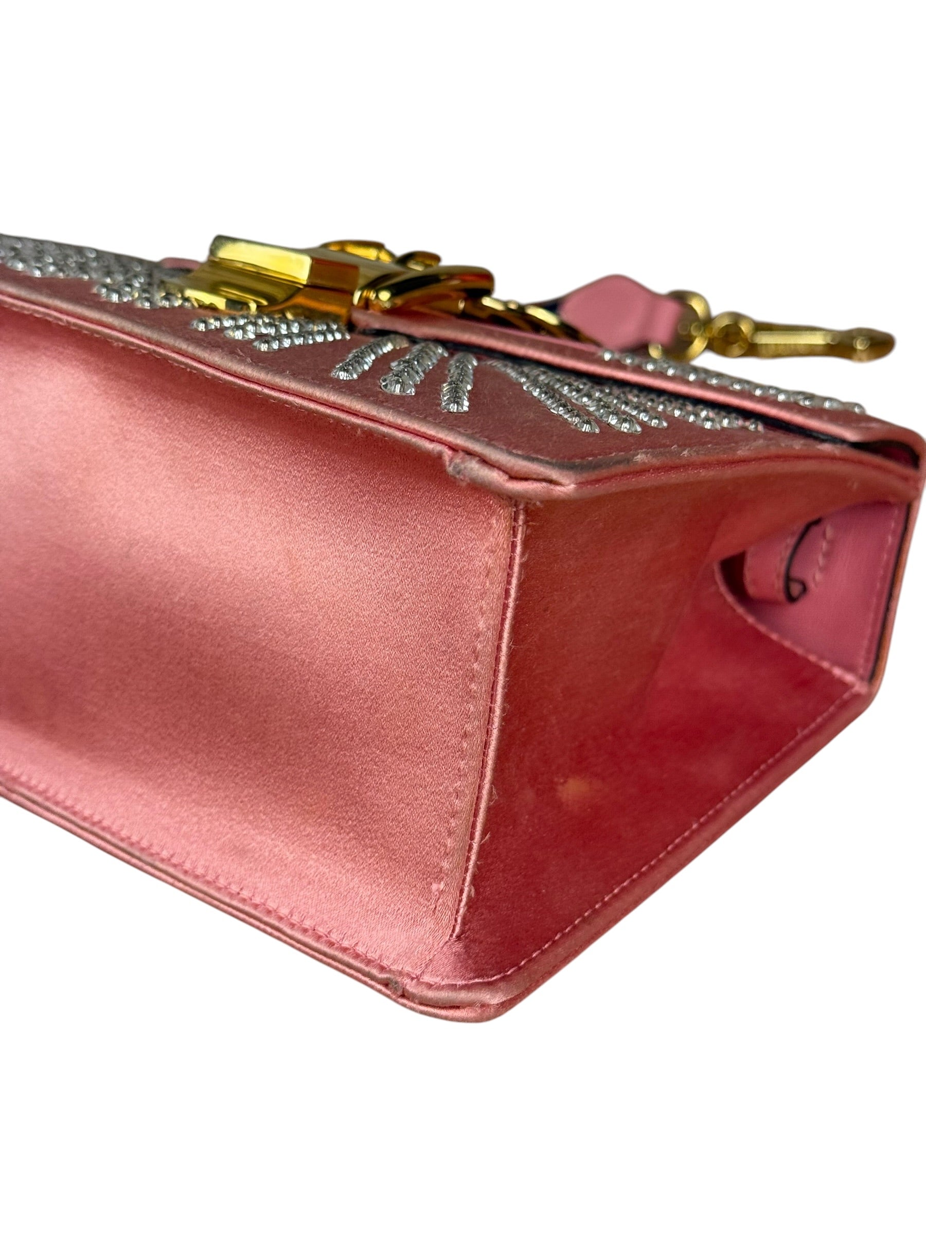 Gucci Sylvie Pink Mini Satin Embellished 2Way Handbag