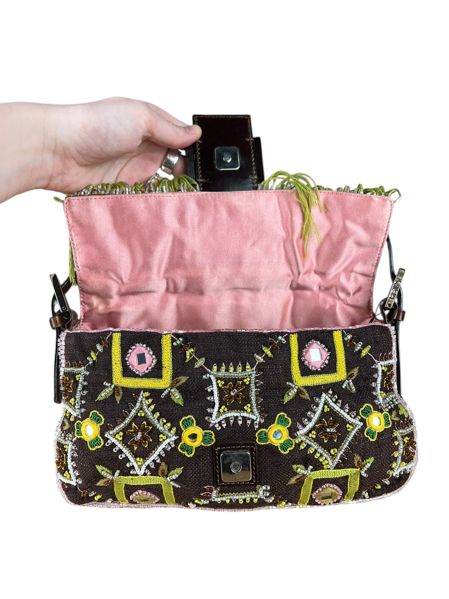 Fendi Canvas Baguette Dark Brown Beaded