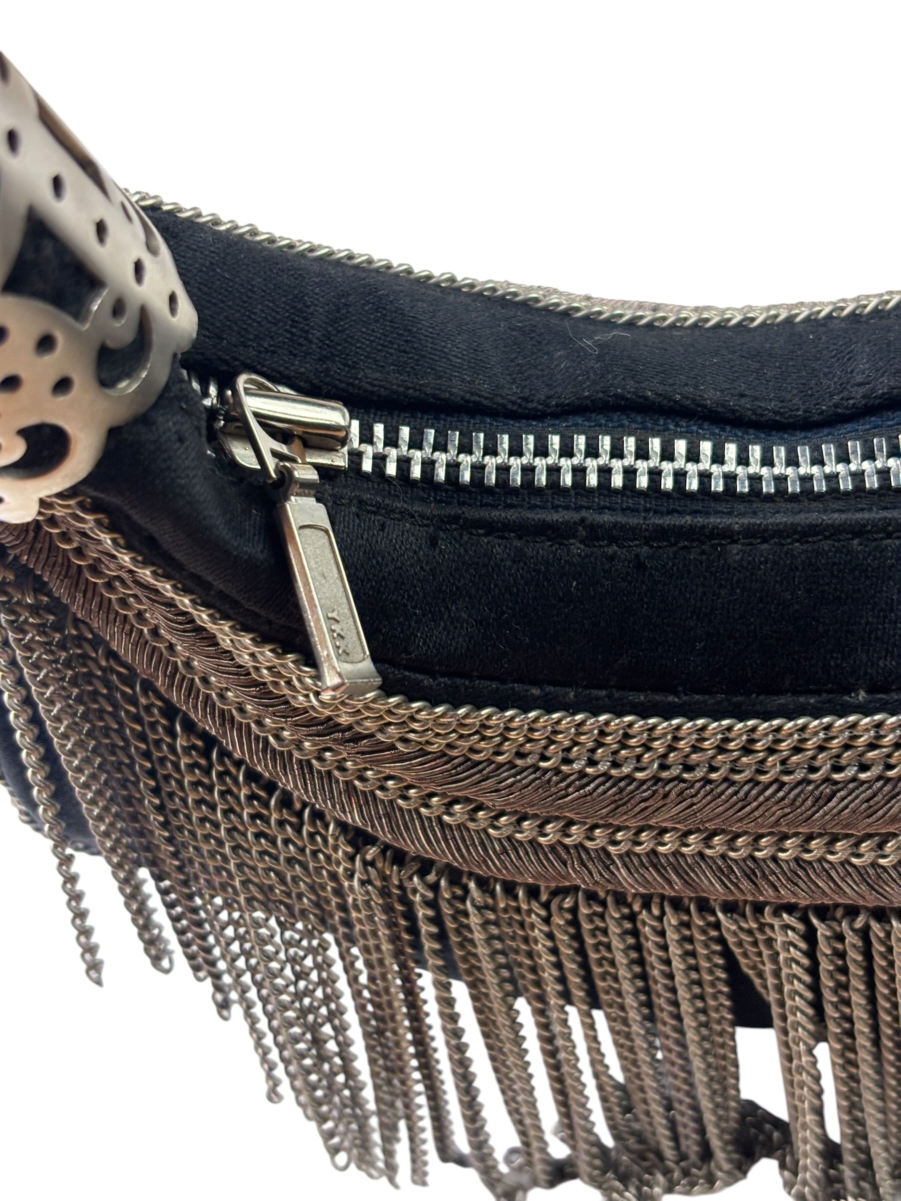 Chole Black Nylon Chain-Link Crescent Mini Hobo Bag