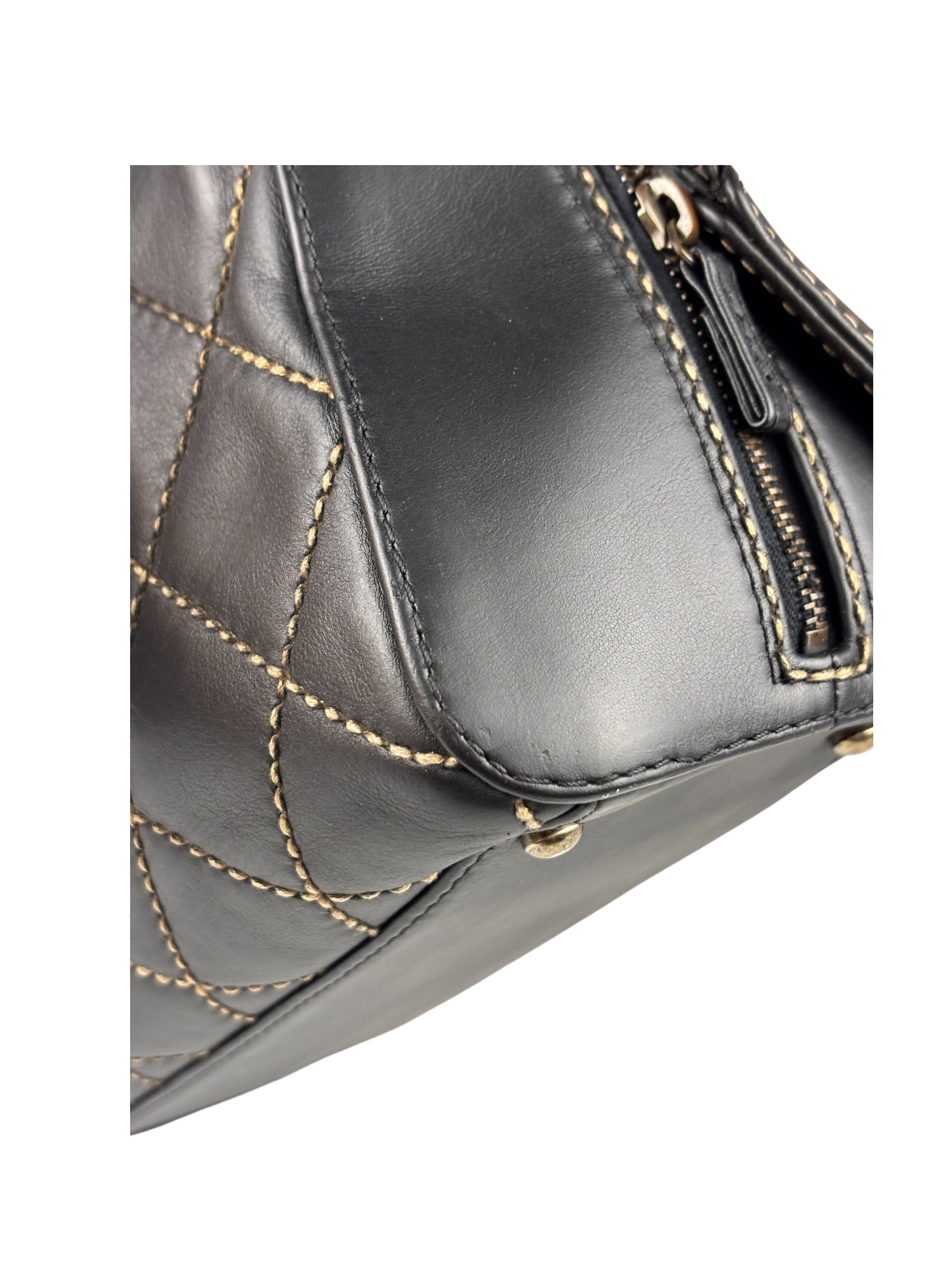 Chanel Vintage Black Leather Wild Stitch Bowler Handbag 2001